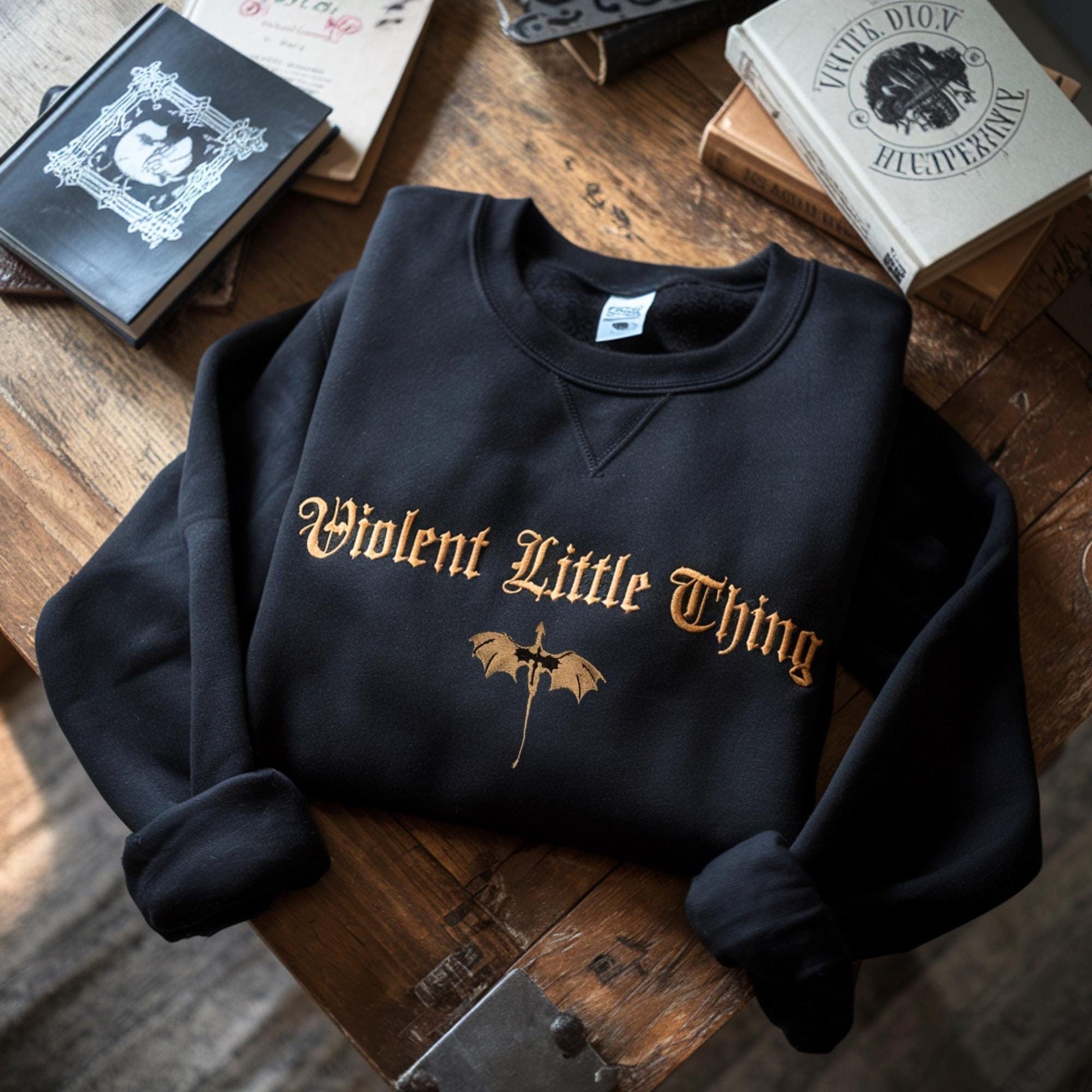 Violent Little Thing Embroidered Sweatshirt, Dragon Crewneck Bookish Sweater Fourth Wing Iron Flame Fan Gift Basgiath Violet, Bookish VEMB27