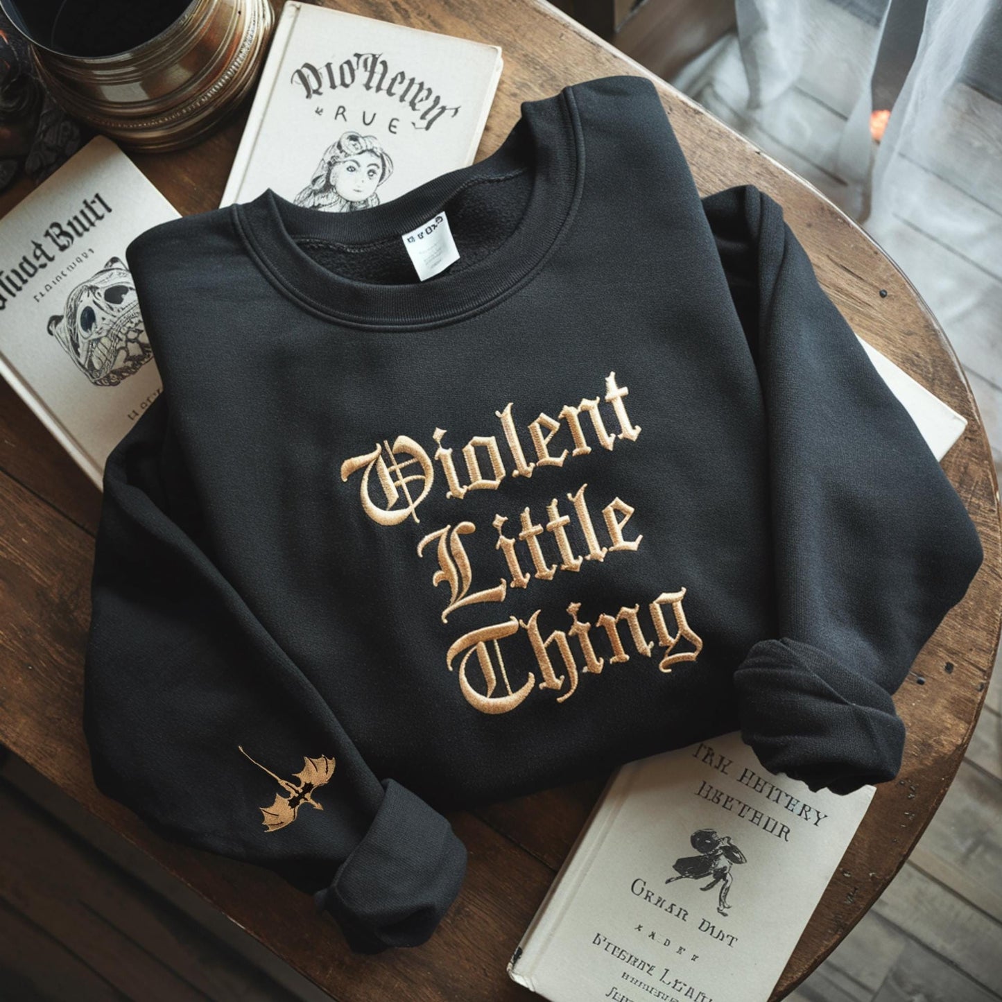 Violent Little Thing Embroidered Sweatshirt, Dragon Crewneck Bookish Sweater Fourth Wing Iron Flame Fan Gift Basgiath Violet, Bookish VEMB29