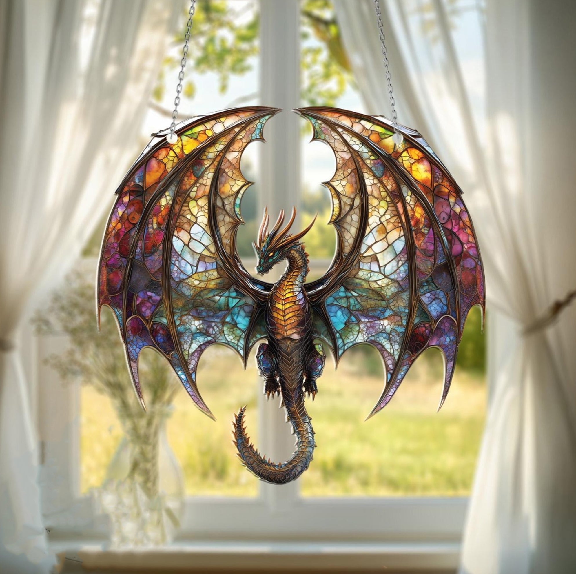 Fourth Wing Flying Dragon Suncatcher – Fantasy Faux Stained Glass Window Hanging with Colorful Wings, Bookish Decor for Dragon Lovers SGVLR42