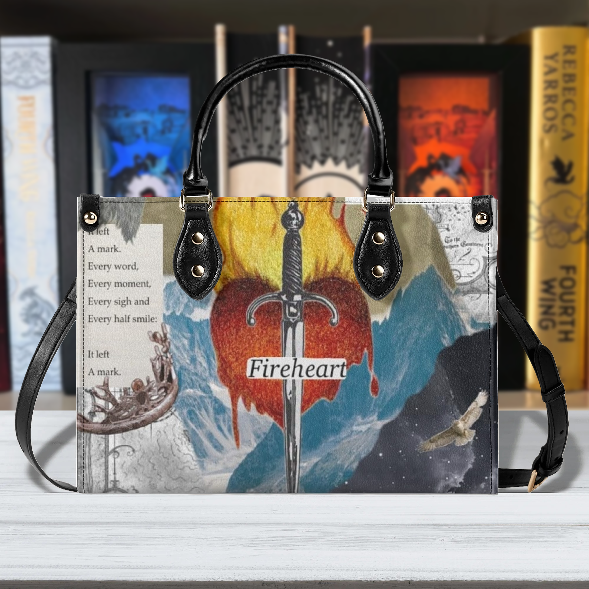 Fireheart Collage Art Leather Bag, Throne Of Glass Inspired Bag, Personalized Leather Bag, Fantasy Leather Handbag, Perfect Gift for Women. HBVLR54