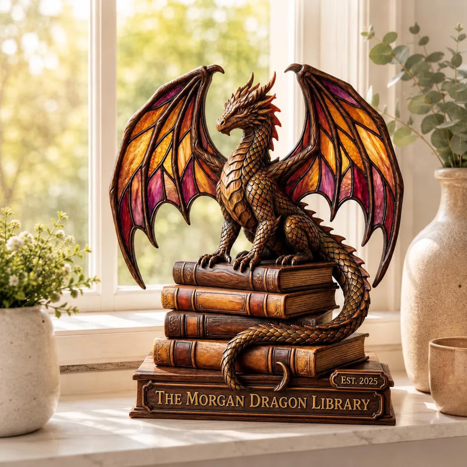 Personalized Dragon Book Stack Wooden Block, Custom Fantasy Library Name Sign Decor – WBVLR11