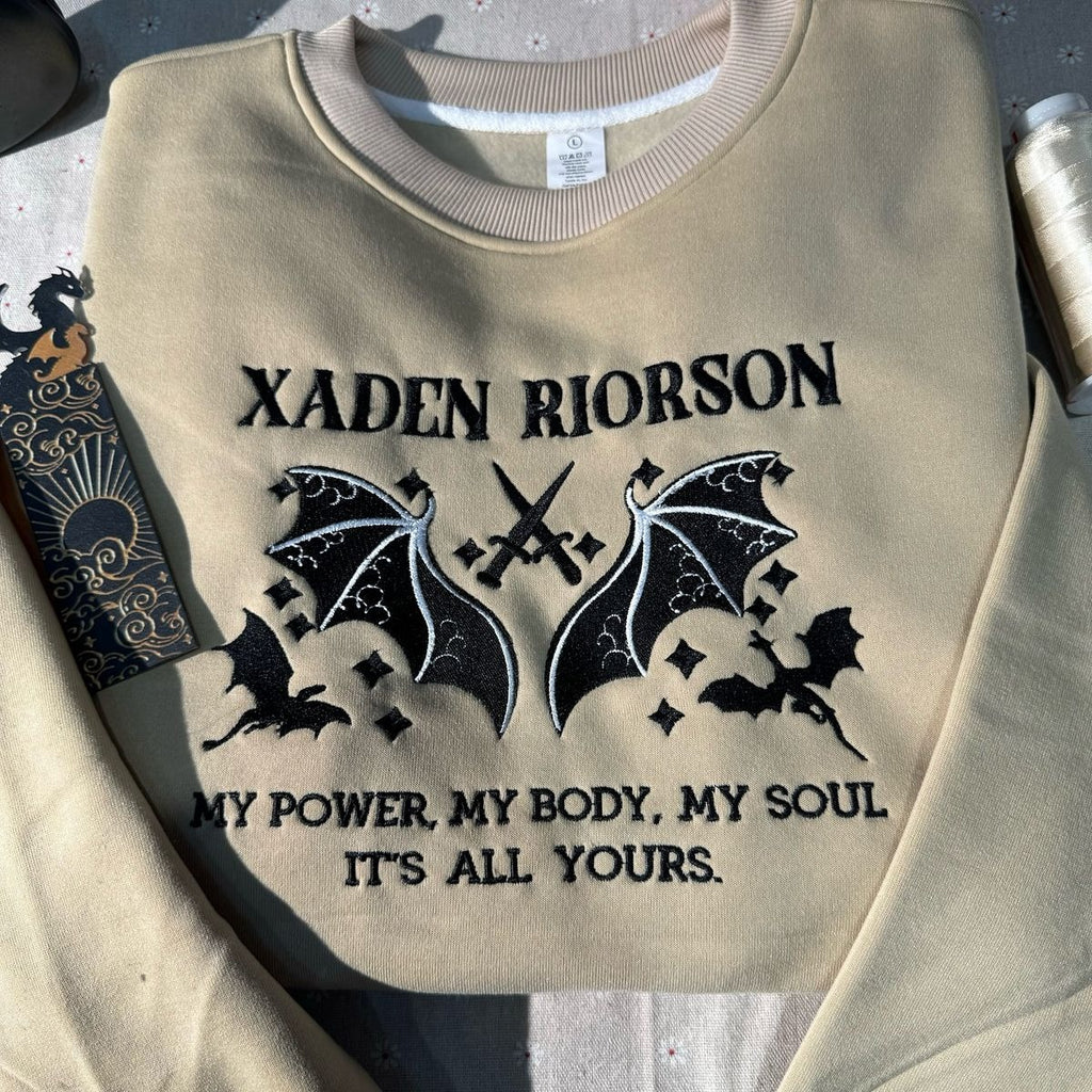Xaden Riorson Embroidered Sweatshirt, Fourth Wing Fan Gift, “My Power My Body My Soul” Quote Shirt, Romantic Fantasy Book Merch VEMB48