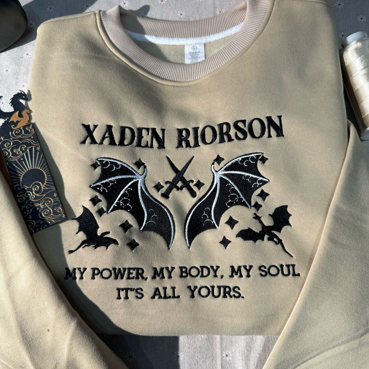 Xaden Riorson Embroidered Sweatshirt, Fourth Wing Fan Gift, “My Power My Body My Soul” Quote Shirt, Romantic Fantasy Book Merch VEMB48
