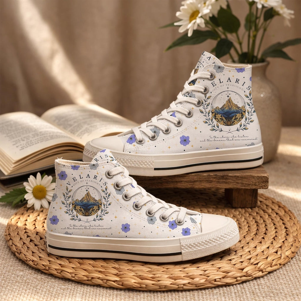 Velaris City Of Starlight High Top Shoes, ACOTAR Inspired Floral Canvas Sneakers, Fantasy Book Lover Gift. HSVLR01