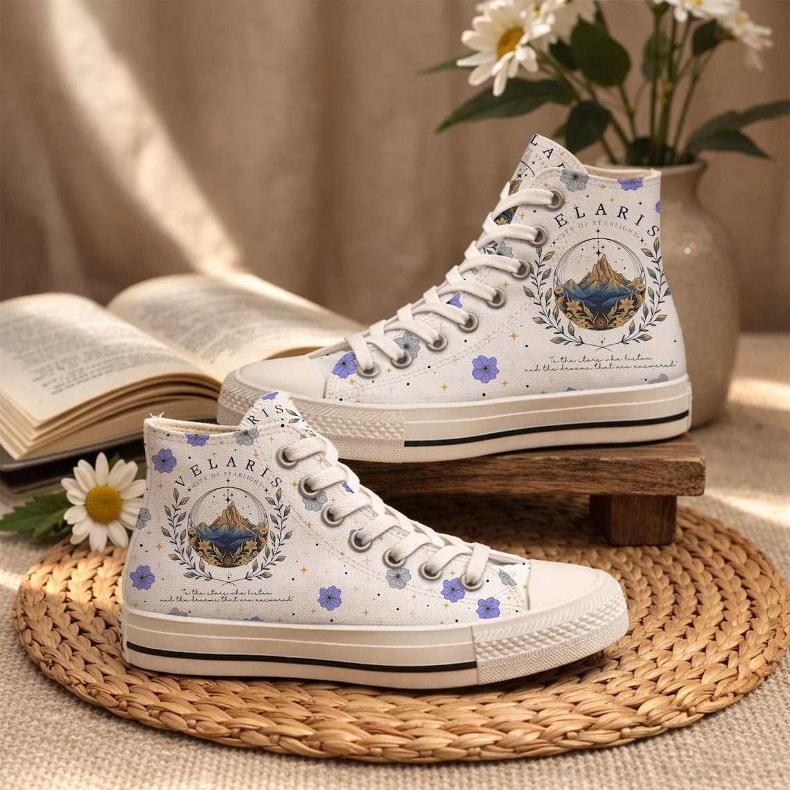 Velaris City Of Starlight High Top Shoes, ACOTAR Inspired Floral Canvas Sneakers, Fantasy Book Lover Gift. HSVLR01
