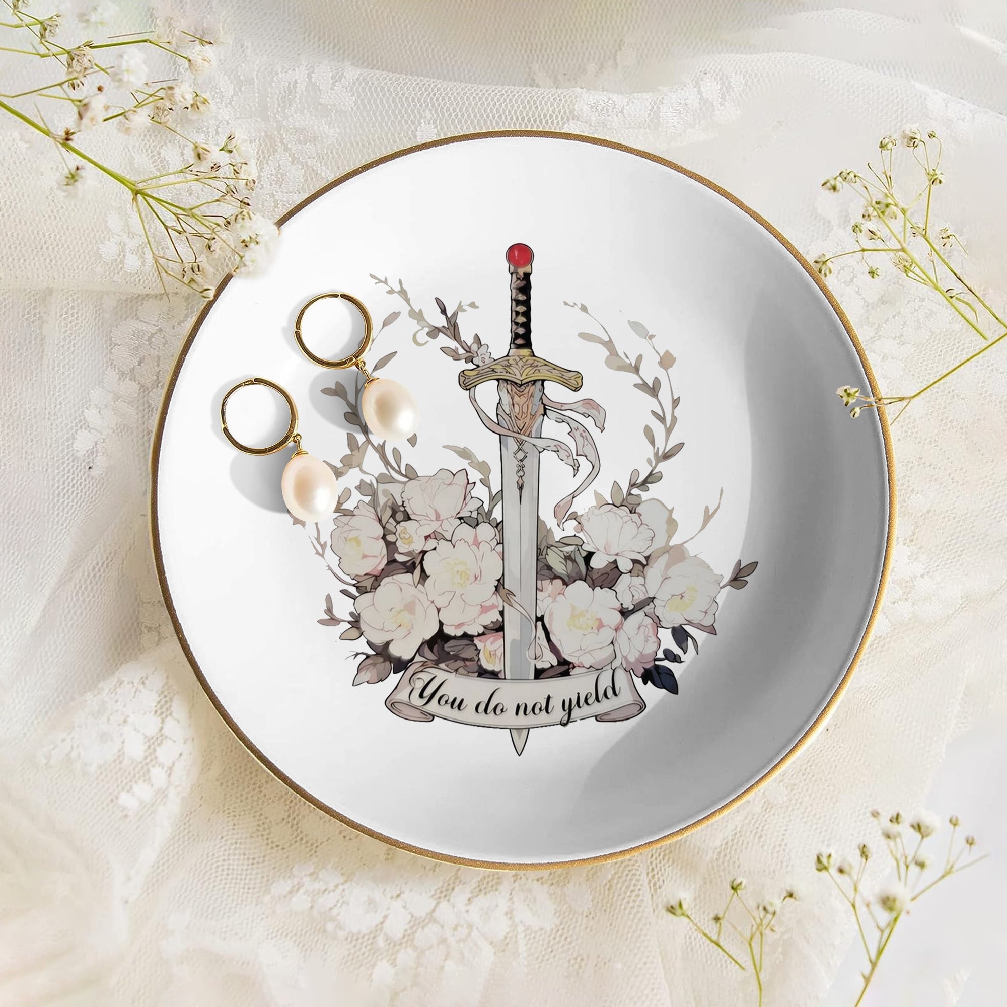Throne of Glass Inspired Jewelry Dish, Floral Sword Ring Holder, You Do Not Yield Trinket Tray, Bookish Gift for Fantasy Reader Decor JDVLR01