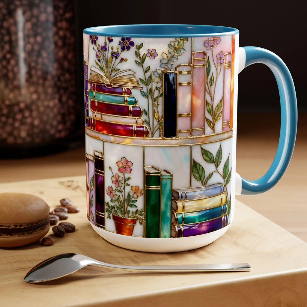 Stained-Glass Style Floral Bookshelf Mug, Book Lover Gift, Bookish Mug, Library Cup