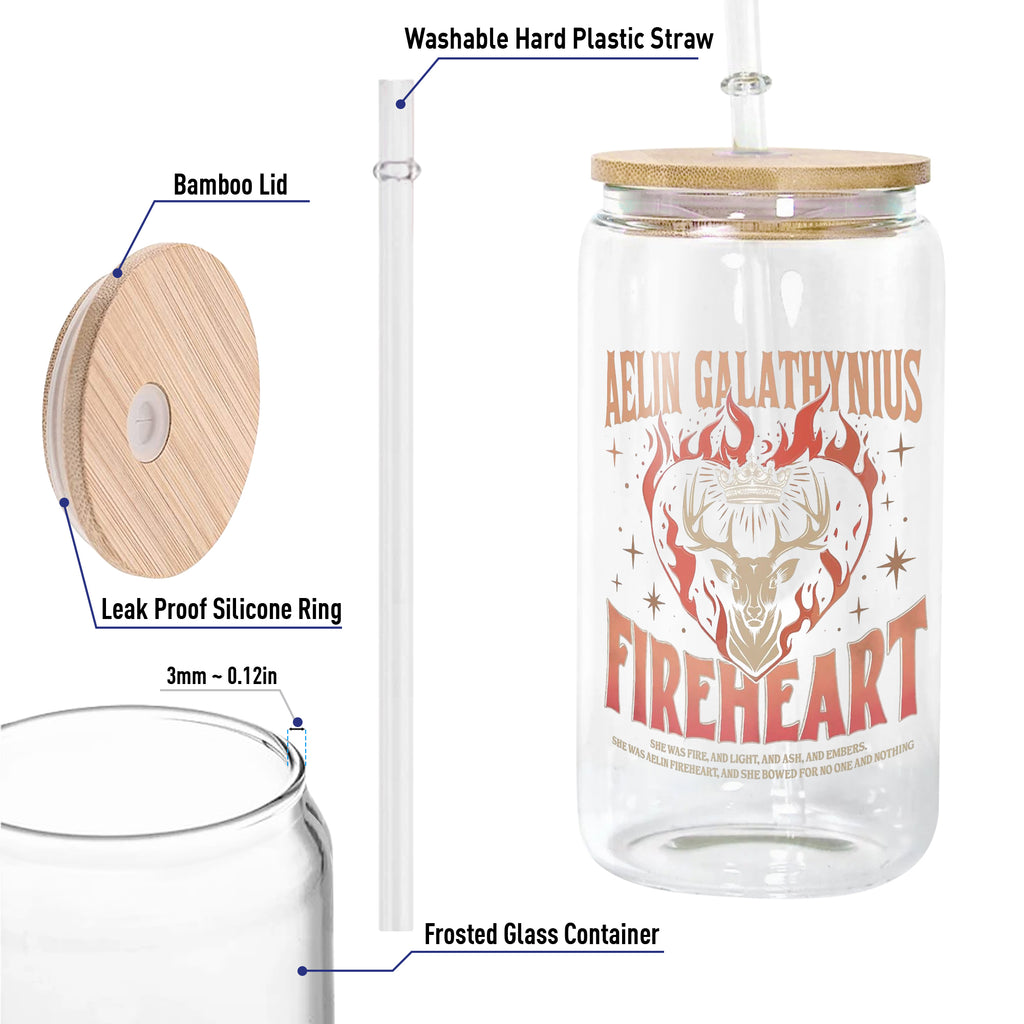 Aelin Galathynius Fireheart Glass Can Cup with Straw, Throne of Glass Bookish Gift, Fantasy Reader Drinkware GLVLR36