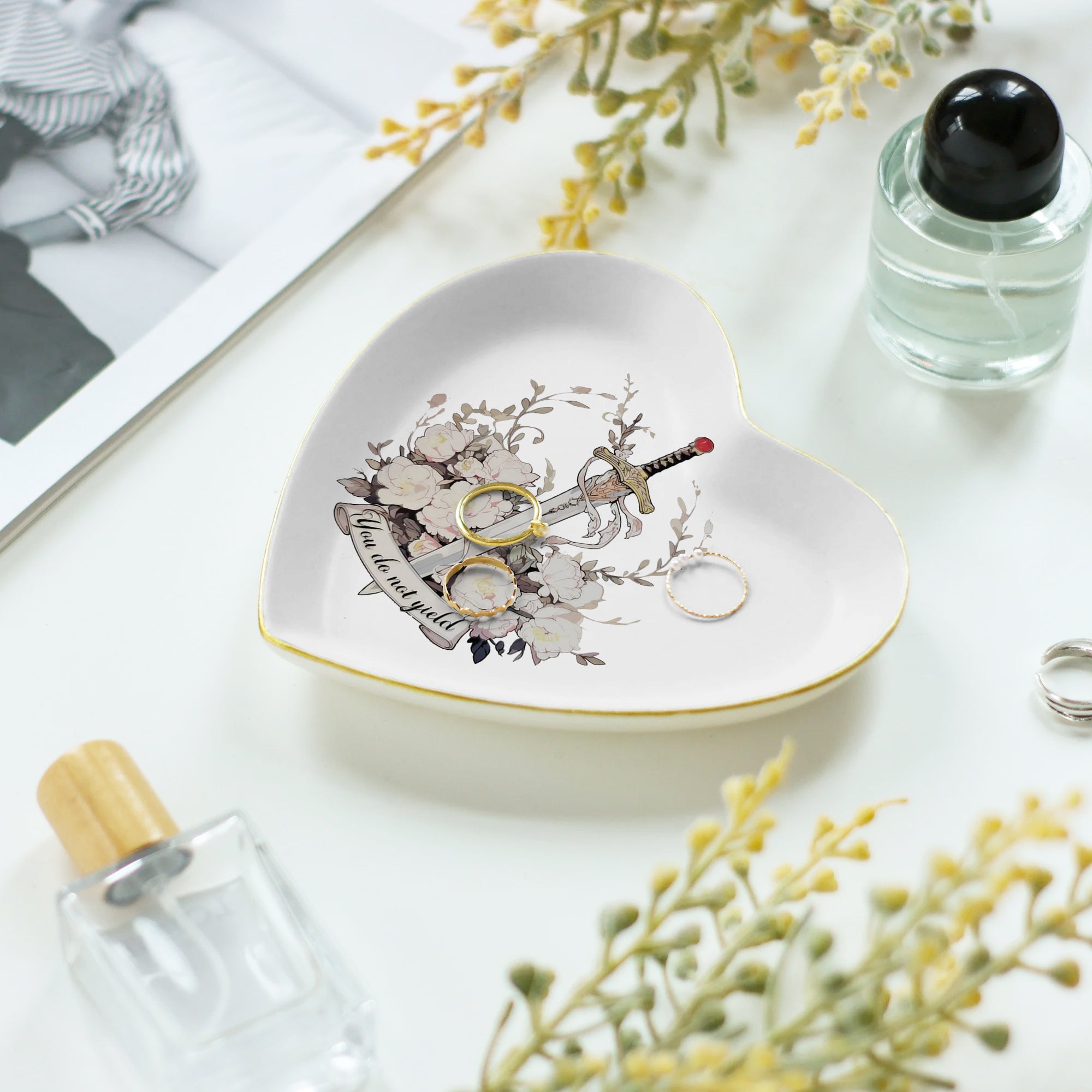 Throne of Glass Inspired Jewelry Dish, Floral Sword Ring Holder, You Do Not Yield Trinket Tray, Bookish Gift for Fantasy Reader Decor JDVLR01