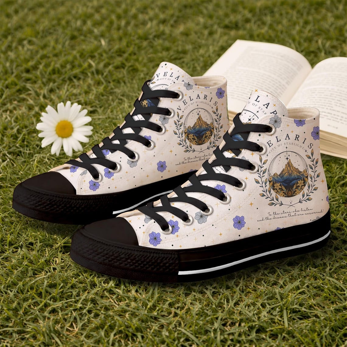 Velaris City Of Starlight High Top Shoes, ACOTAR Inspired Floral Canvas Sneakers, Fantasy Book Lover Gift. HSVLR01