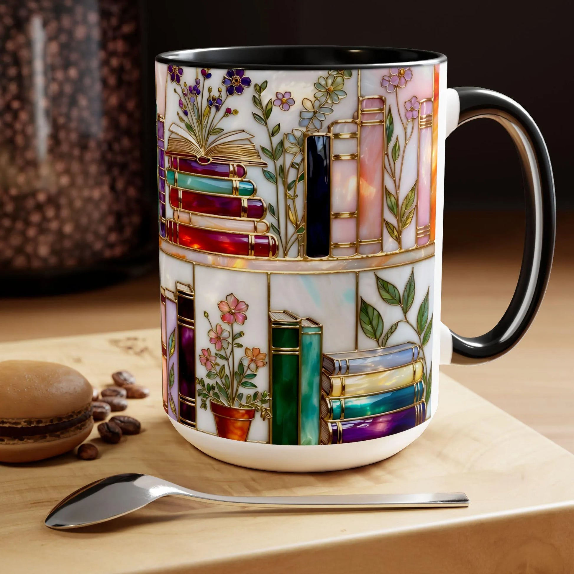Stained-Glass Style Floral Bookshelf Mug, Book Lover Gift, Bookish Mug, Library Cup