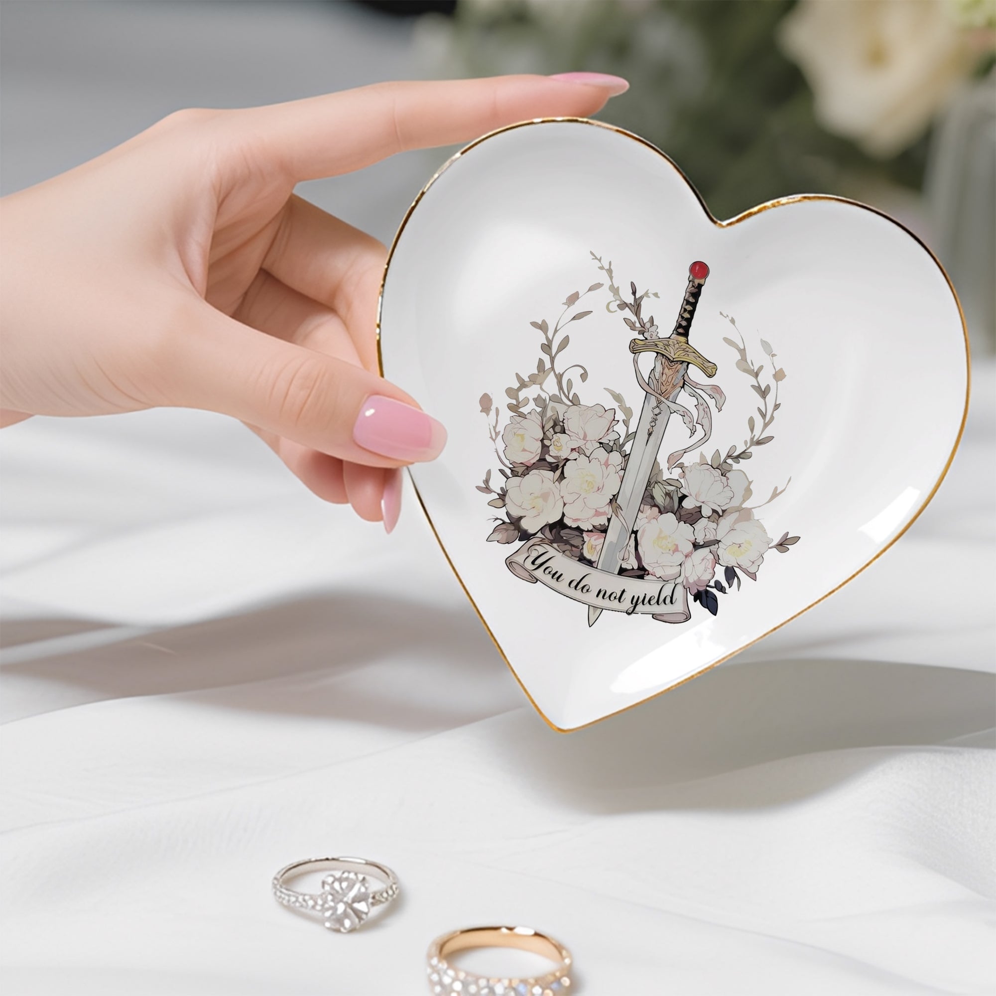 Throne of Glass Inspired Jewelry Dish, Floral Sword Ring Holder, You Do Not Yield Trinket Tray, Bookish Gift for Fantasy Reader Decor JDVLR01