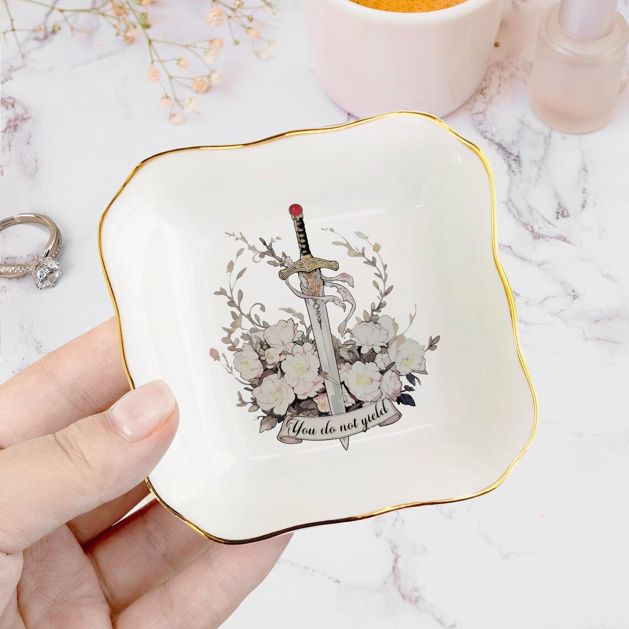 Throne of Glass Inspired Jewelry Dish, Floral Sword Ring Holder, You Do Not Yield Trinket Tray, Bookish Gift for Fantasy Reader Decor JDVLR01