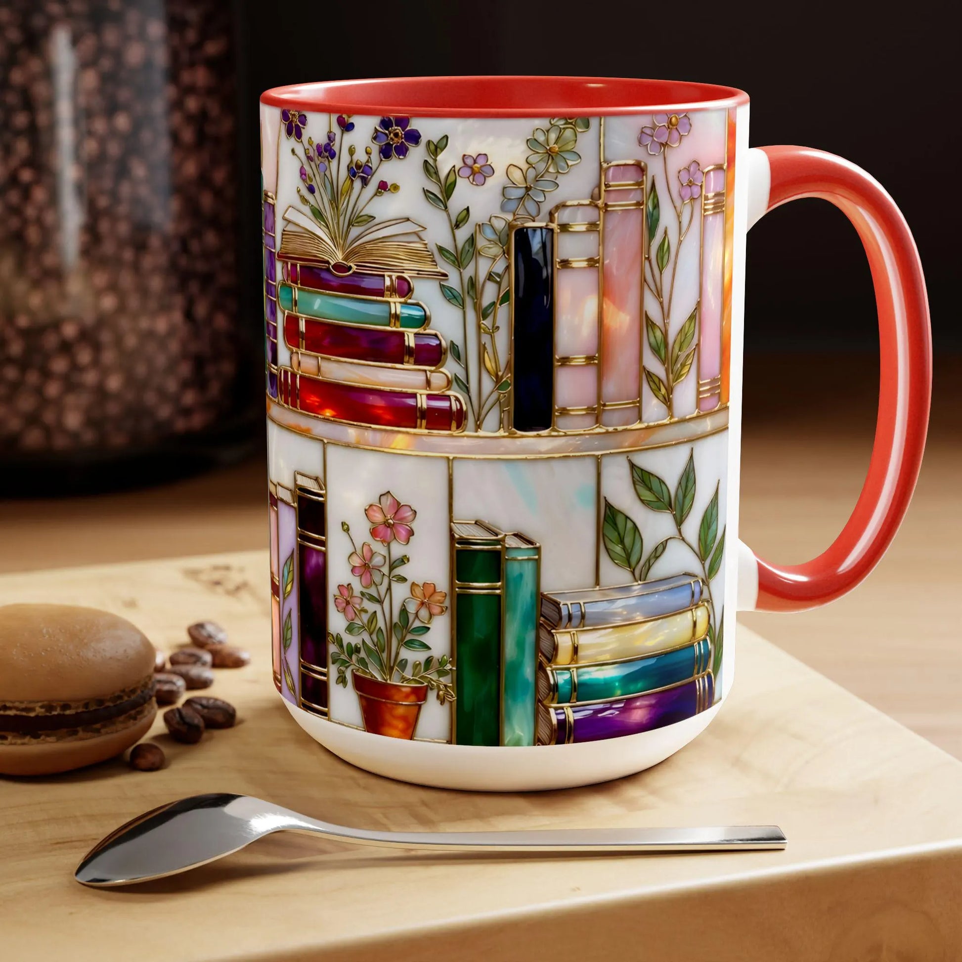 Stained-Glass Style Floral Bookshelf Mug, Book Lover Gift, Bookish Mug, Library Cup
