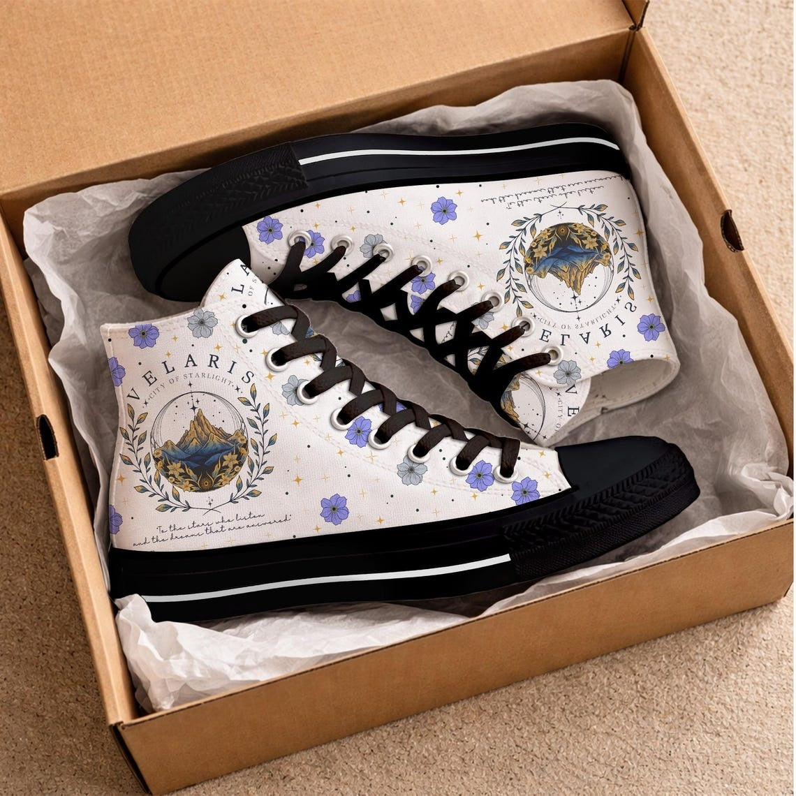 Velaris City Of Starlight High Top Shoes, ACOTAR Inspired Floral Canvas Sneakers, Fantasy Book Lover Gift. HSVLR01