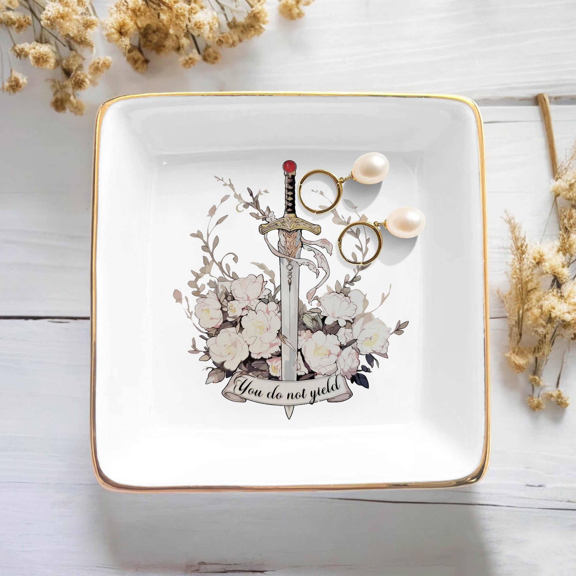 Throne of Glass Inspired Jewelry Dish, Floral Sword Ring Holder, You Do Not Yield Trinket Tray, Bookish Gift for Fantasy Reader Decor JDVLR01