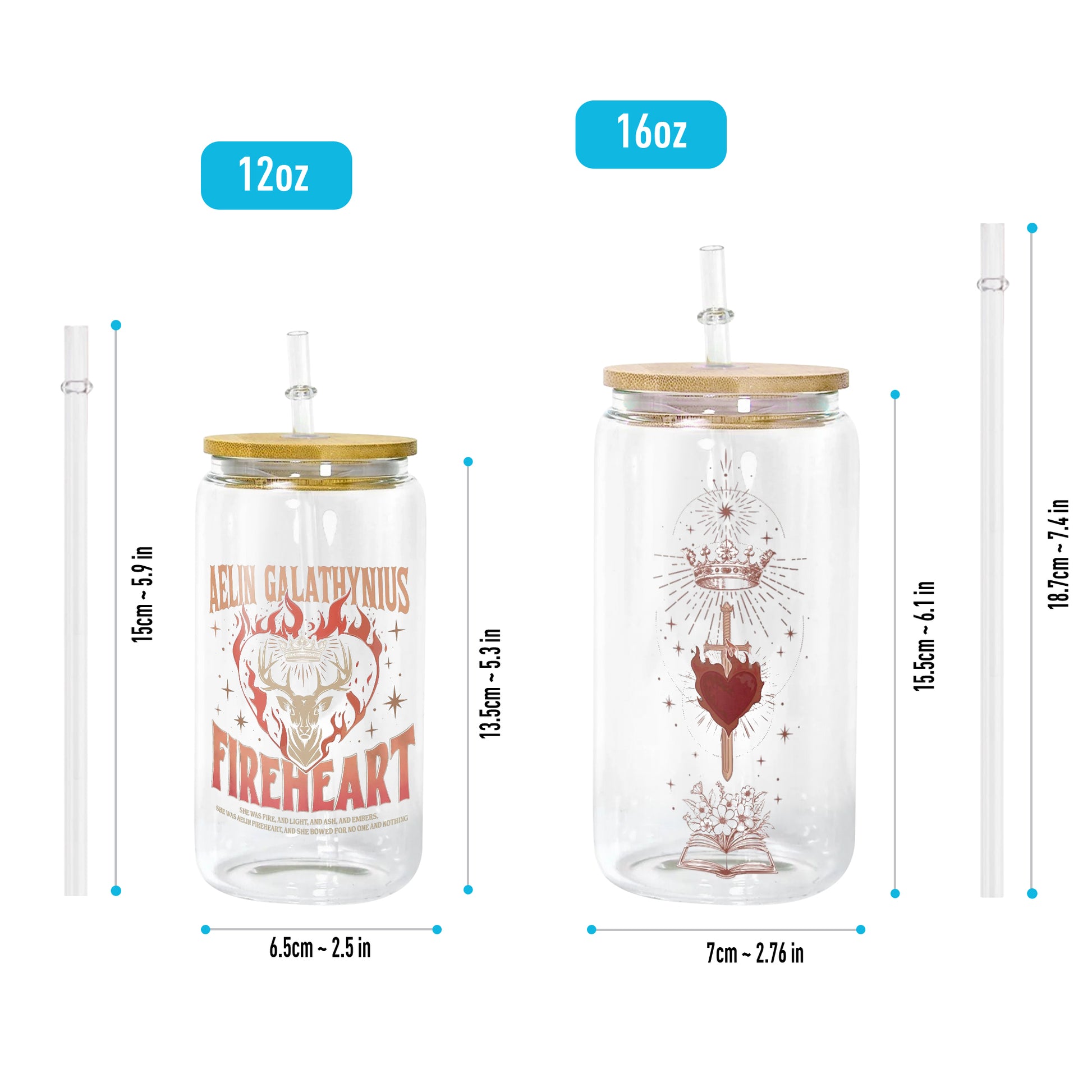 Aelin Galathynius Fireheart Glass Can Cup with Straw, Throne of Glass Bookish Gift, Fantasy Reader Drinkware GLVLR36