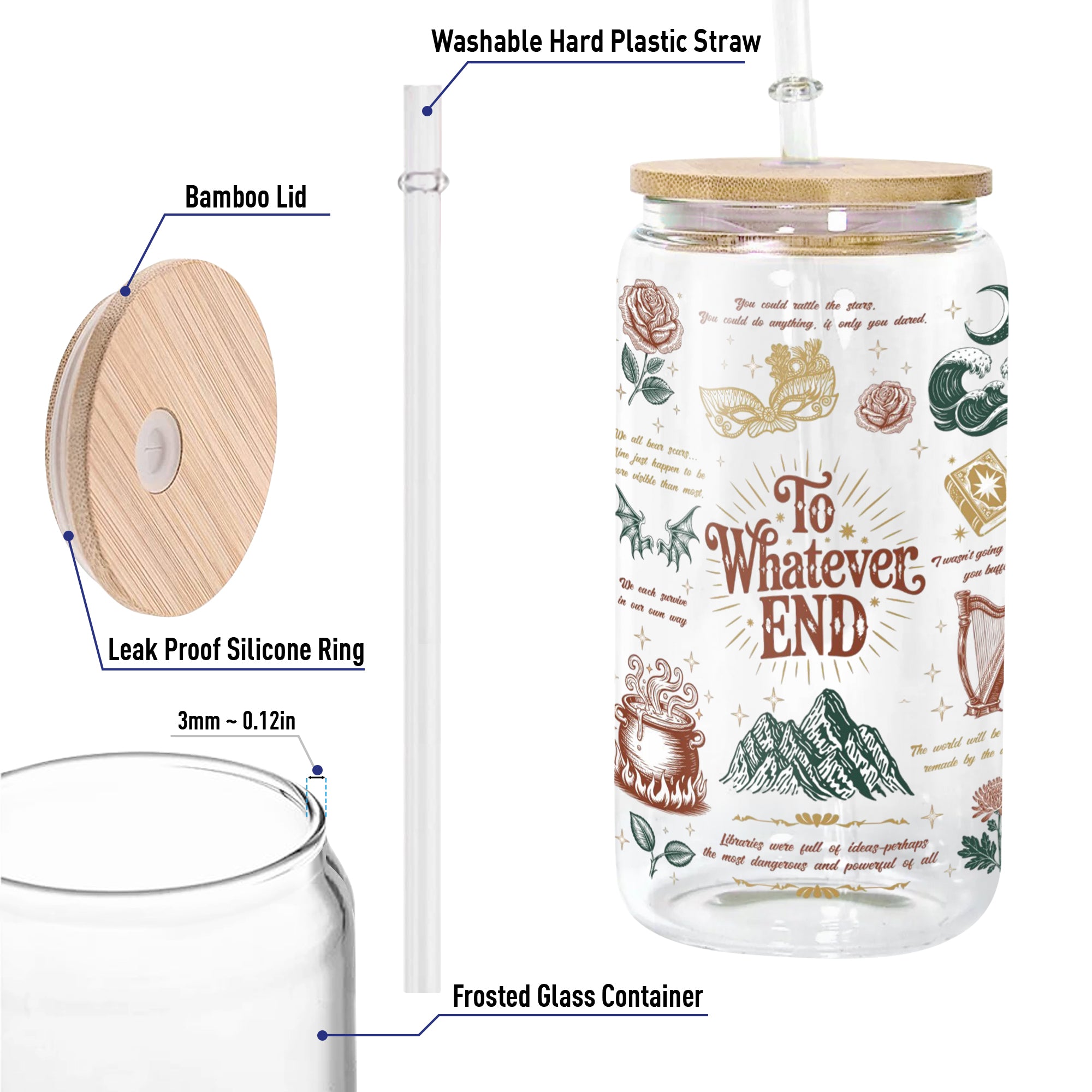 To Whatever End Glass Can Cup with Straw, ACOTAR Quote Tumbler, Feyre Rhysand Bookish Gift, Fantasy Drinkware GLVLR46