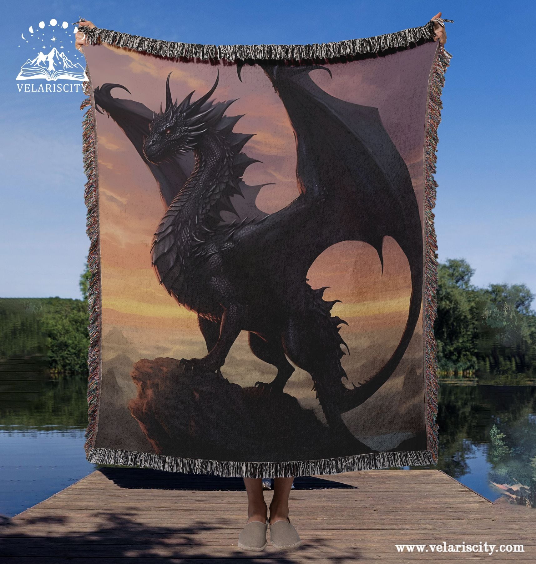 Tairn Dragon Woven Blanket - Fourth Wing Inspired Fantasy Art Throw, Black Dragon Design, Cozy Home Decor, Perfect Gift for Dragon Lovers BKVLR10