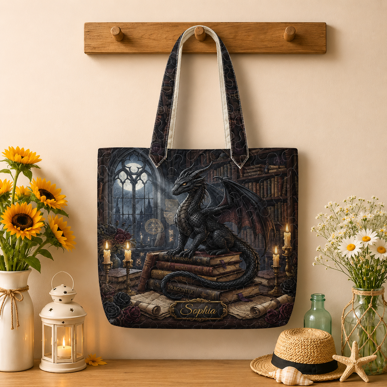Personalized Gothic Dragon Quilted Tote Bag, Dark Fantasy Book Lover Gift, Dragon Library Tote, Custom Reader Bag for Fantasy Fans QTBVLR10