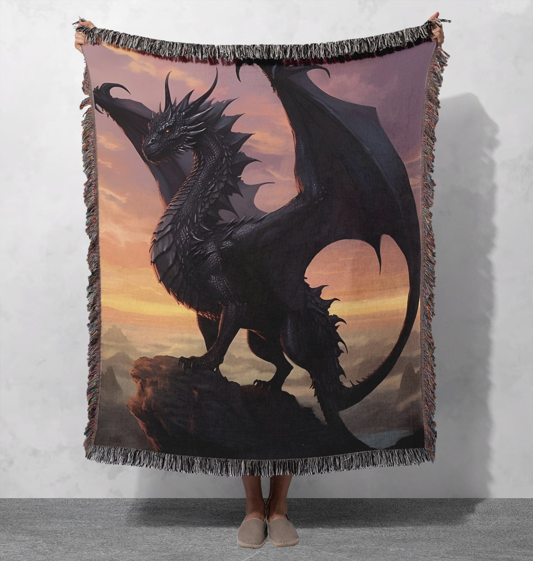 Tairn Dragon Woven Blanket - Fourth Wing Inspired Fantasy Art Throw, Black Dragon Design, Cozy Home Decor, Perfect Gift for Dragon Lovers BKVLR10