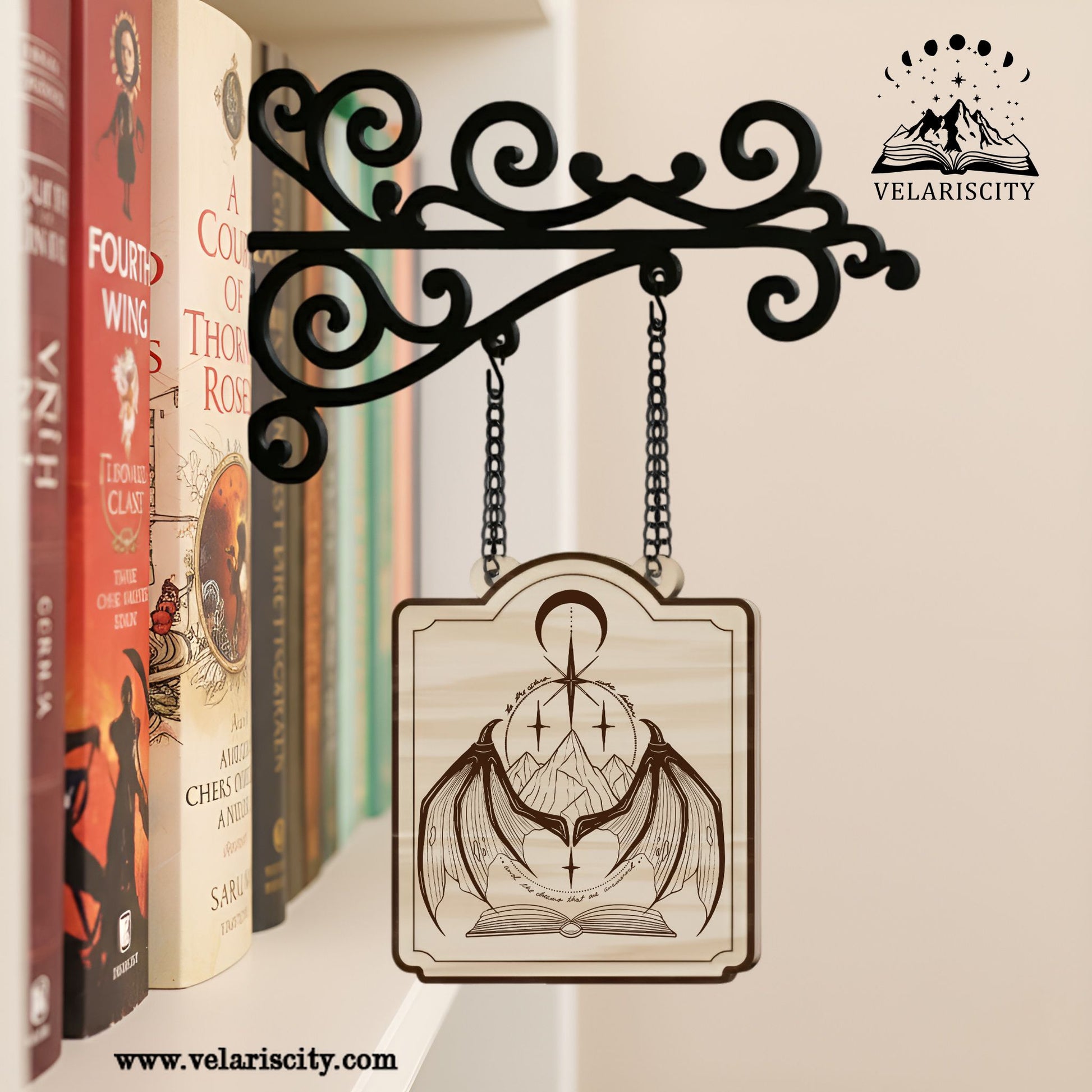 Velaris Book Tavern Signs, Night Court Moon and Wings Design, ACOTAR Wooden Shelf Sign, Home Library Decor, Book Gift BSVLR10