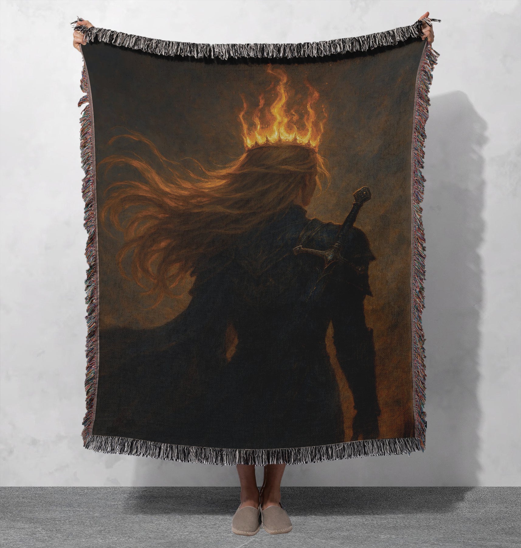 Aelin Throne of Glass Woven Blanket, Fantasy Crown and Sword Design Throw, Fire Queen Inspired Home Decor, Perfect Gift for Fantasy Fans BKVLR11