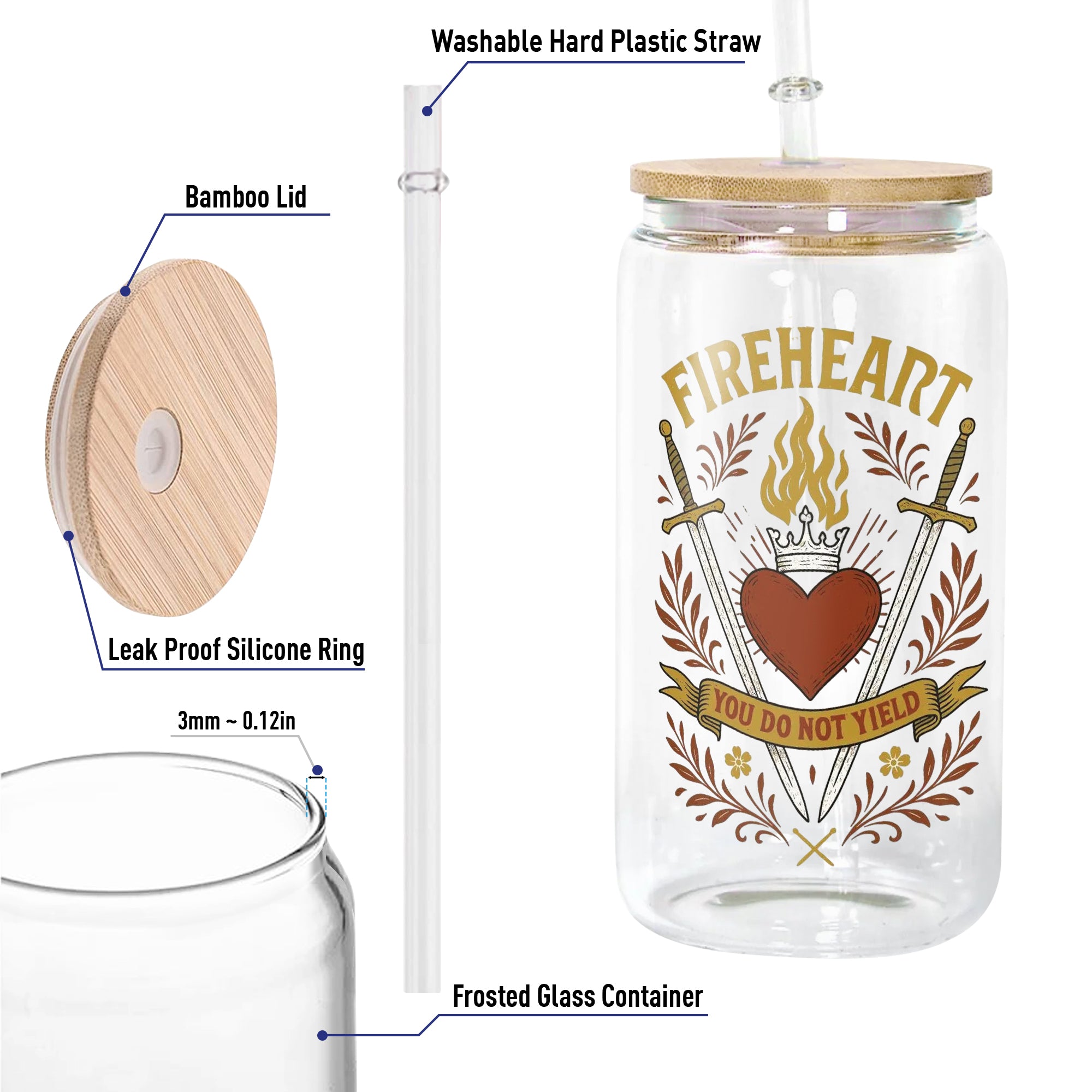 Fireheart You Do Not Yield Glass Can Cup with Straw, Aelin Galathynius Throne of Glass Tumbler, Bookish Fantasy Gift GLVLR40