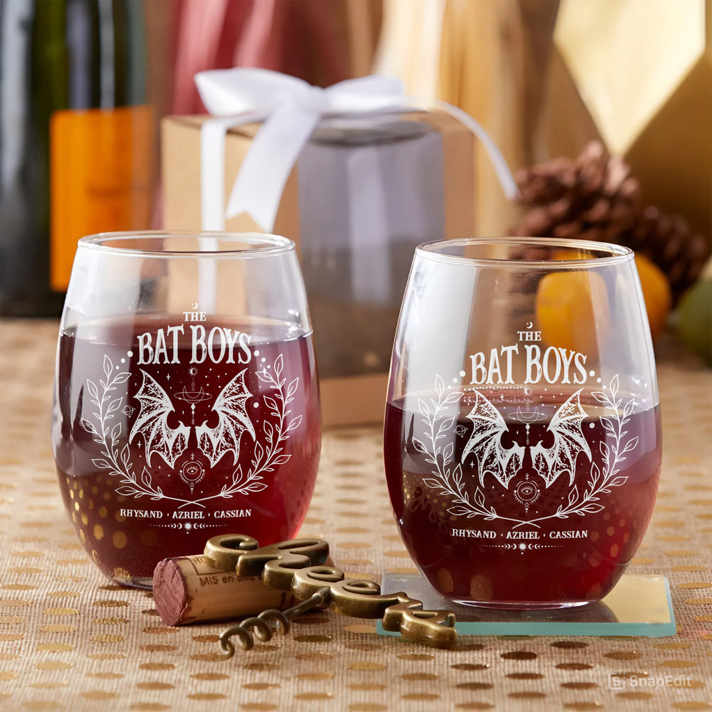 Bat Boys Stemless Wine Glass, Night Court Inspired Wine Cup, Winged Fantasy Barware, Dark Bookish Reader Gift, BGVLR09