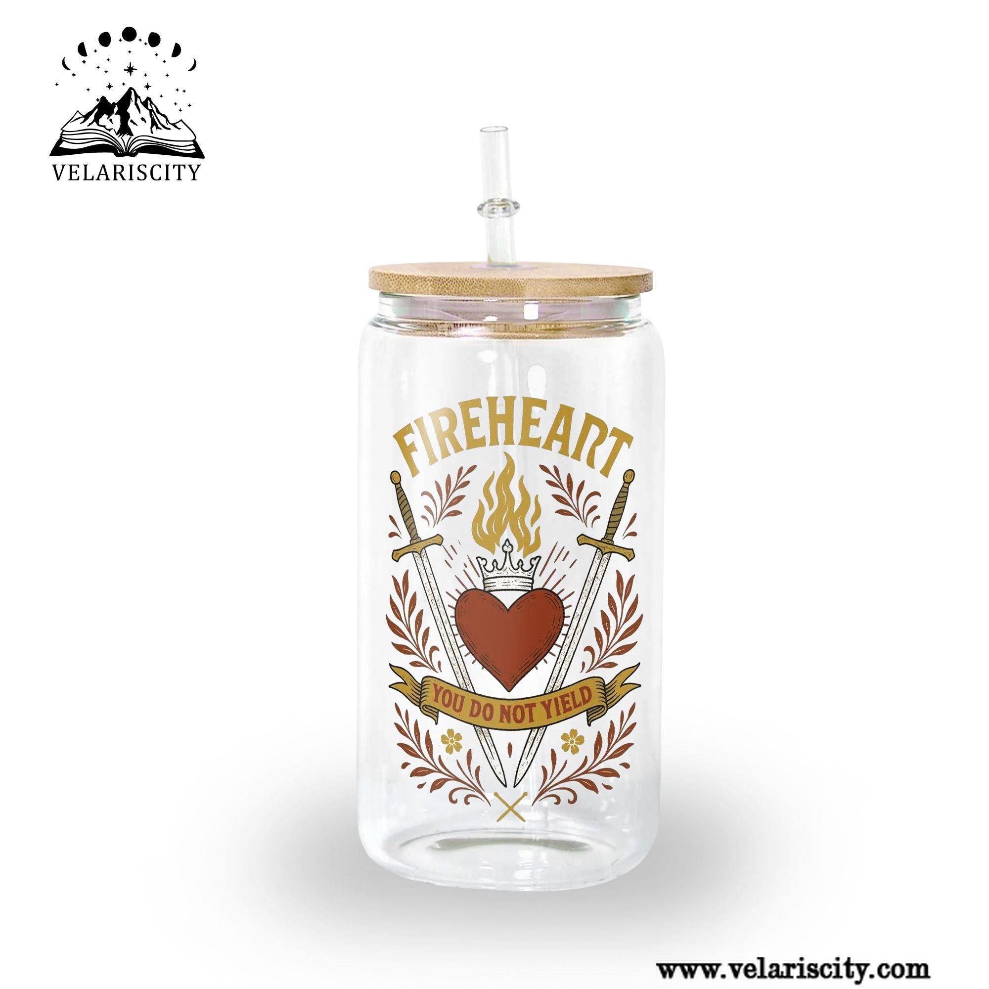 Fireheart You Do Not Yield Glass Can Cup with Straw, Aelin Galathynius Throne of Glass Tumbler, Bookish Fantasy Gift GLVLR40