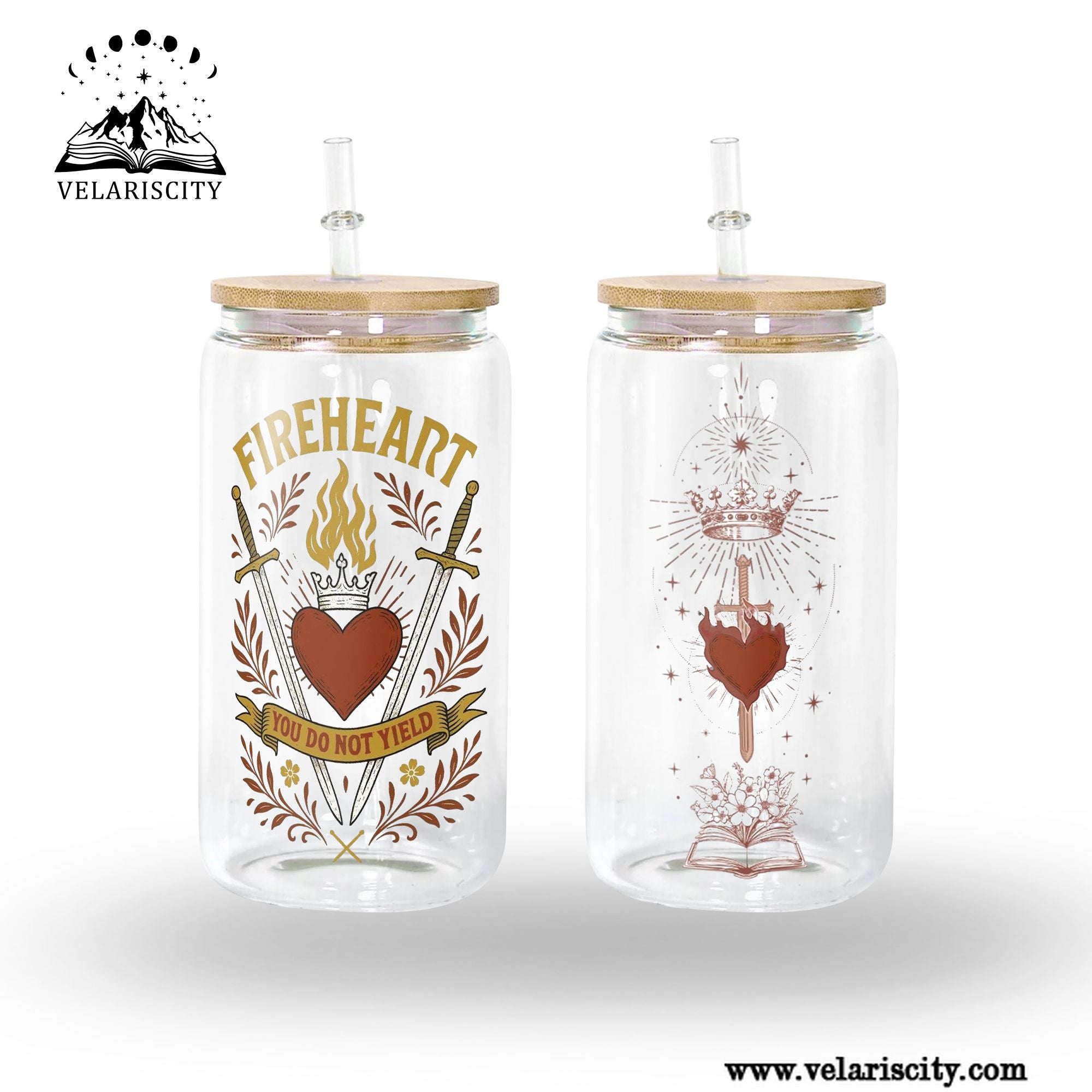 Fireheart You Do Not Yield Glass Can Cup with Straw, Aelin Galathynius Throne of Glass Tumbler, Bookish Fantasy Gift GLVLR40