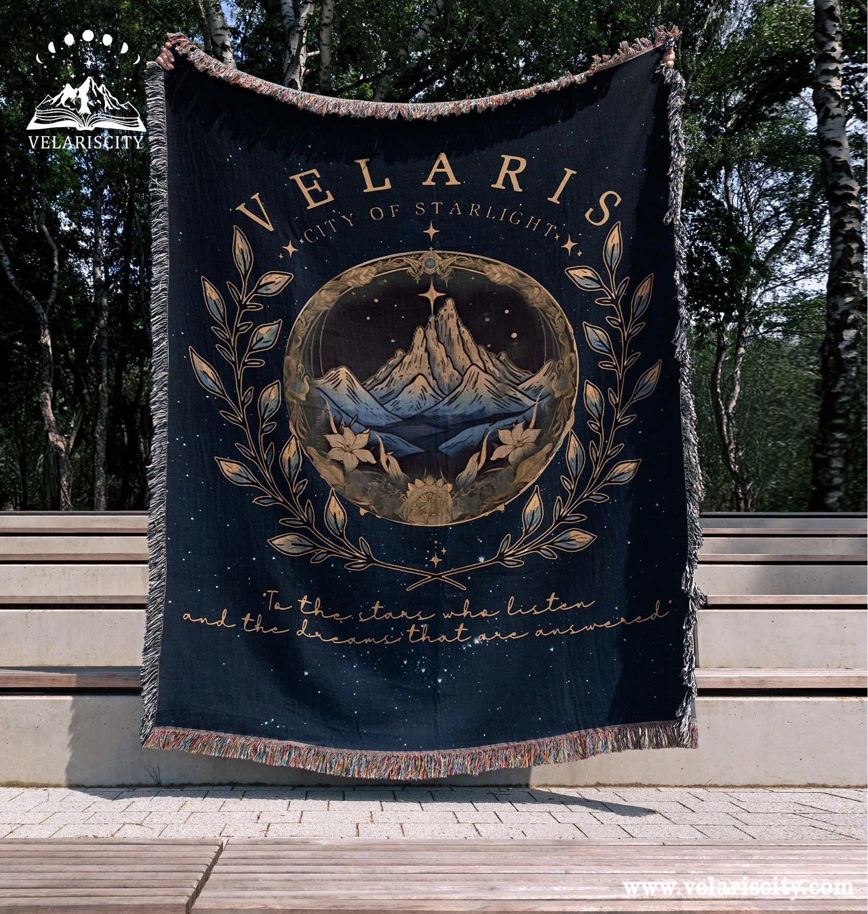 Velaris City of Starlight Woven Blanket, Fantasy Mountain and Floral Design Throw, To the Stars Who Listen Quote, Cozy Home Decor for ACOTAR Fans BKVLR12