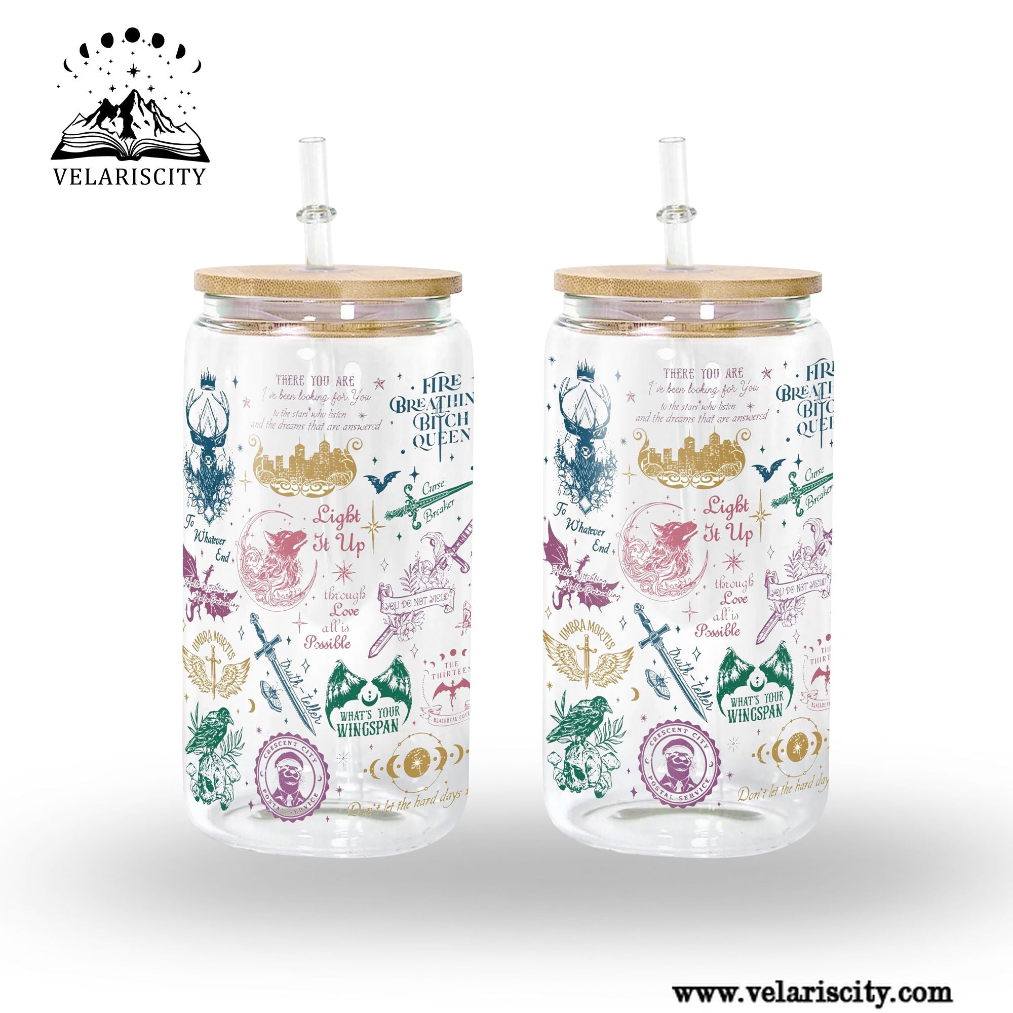 Sarah J Maas Quotes Glass Can Cup with Straw, ACOTAR Throne of Glass Crescent City Collage Tumbler, Bookish Gift GLVLR47