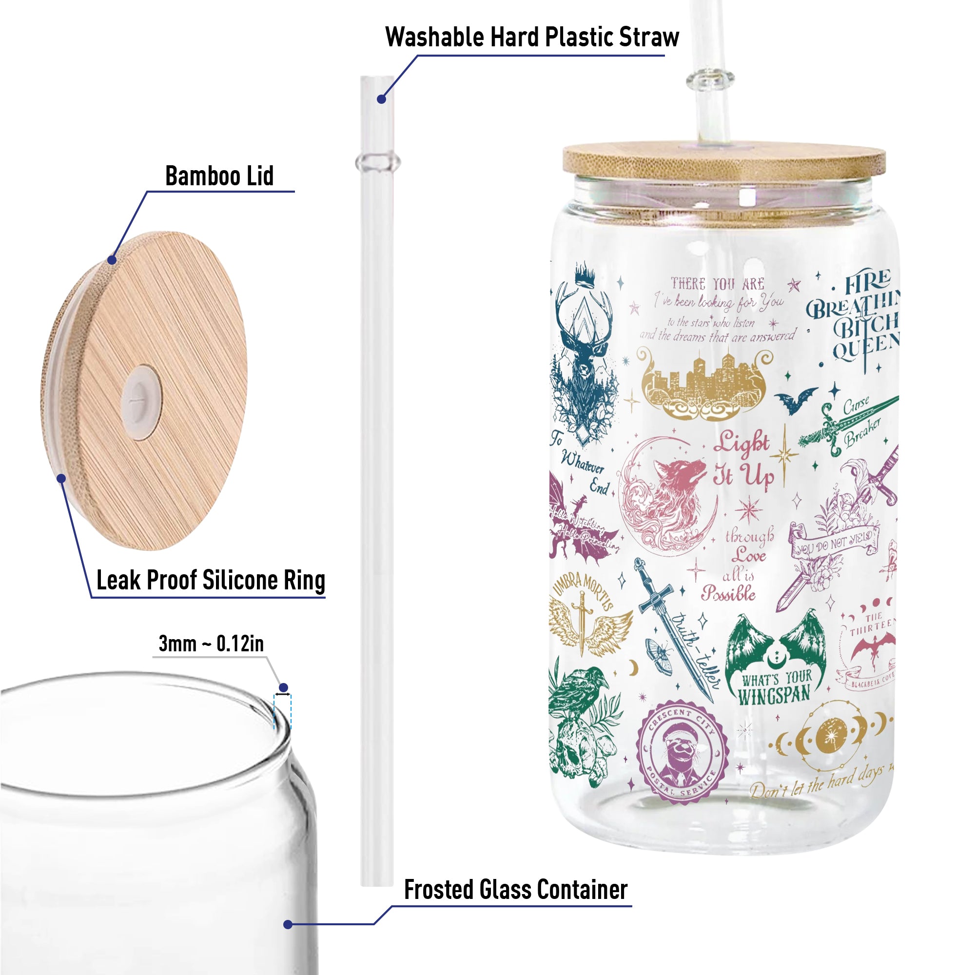 Sarah J Maas Quotes Glass Can Cup with Straw, ACOTAR Throne of Glass Crescent City Collage Tumbler, Bookish Gift GLVLR47