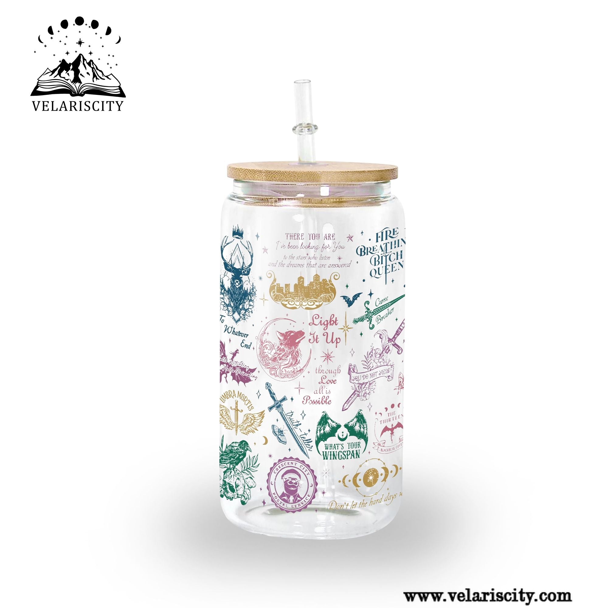 Sarah J Maas Quotes Glass Can Cup with Straw, ACOTAR Throne of Glass Crescent City Collage Tumbler, Bookish Gift GLVLR47
