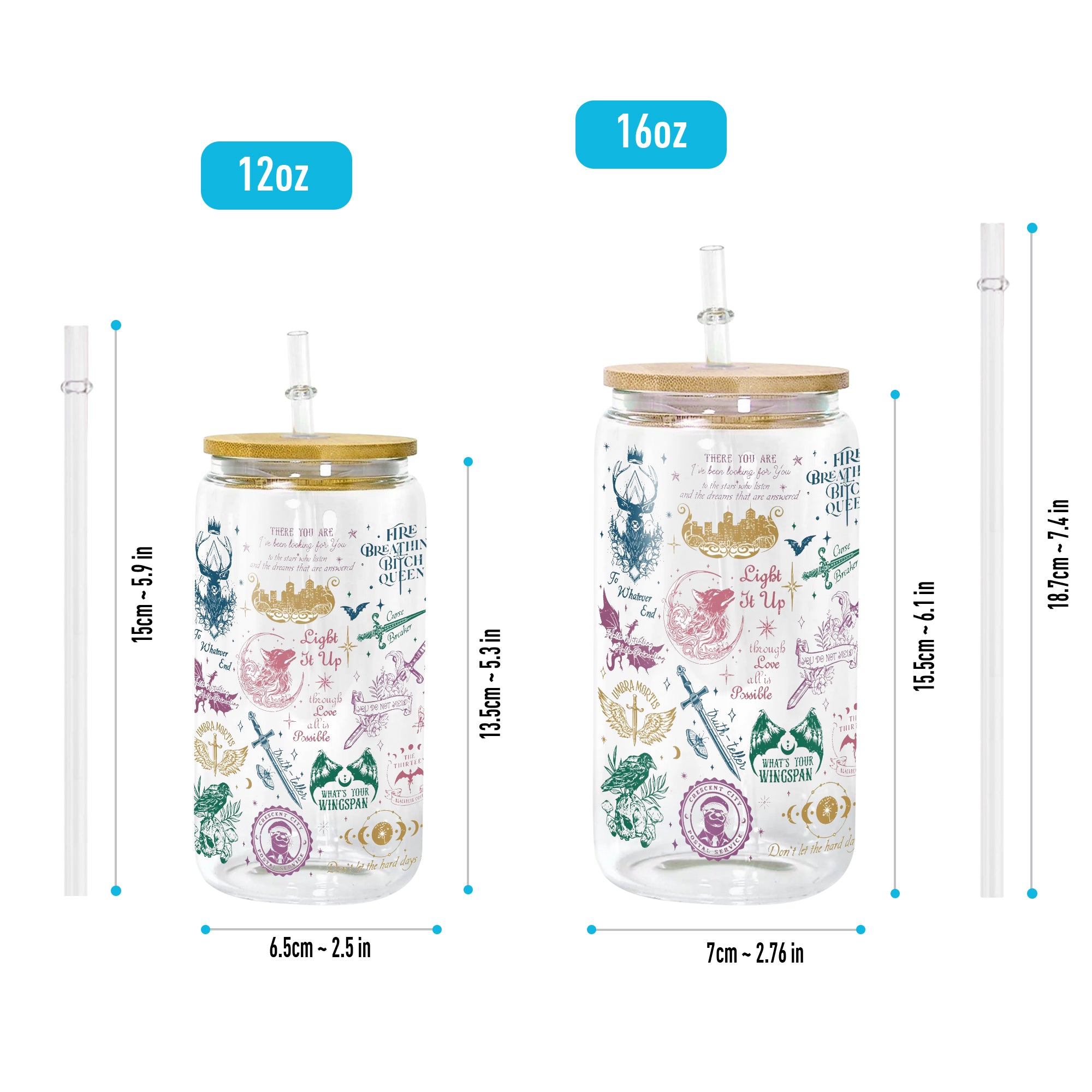 Sarah J Maas Quotes Glass Can Cup with Straw, ACOTAR Throne of Glass Crescent City Collage Tumbler, Bookish Gift GLVLR47