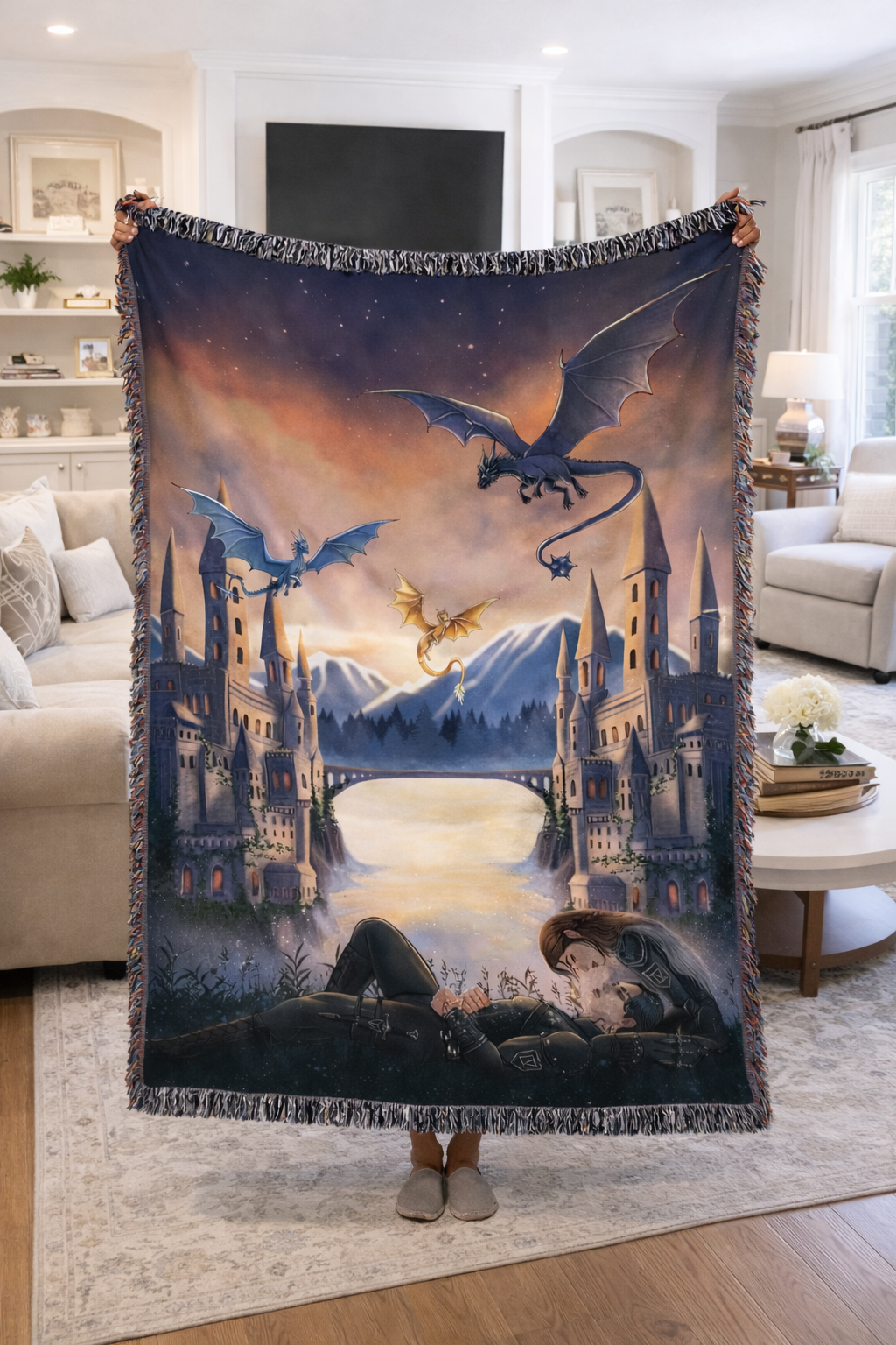 Fourth Wing Inspired Woven Blanket, Dragon Riders Fantasy Throw, Bookish Castle Home Decor, Gift for Romantasy Readers BKVLR20