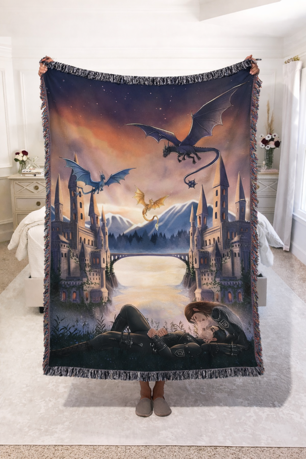 Fourth Wing Inspired Woven Blanket, Dragon Riders Fantasy Throw, Bookish Castle Home Decor, Gift for Romantasy Readers BKVLR20