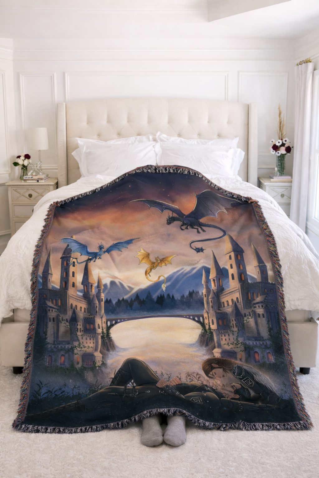 Fourth Wing Inspired Woven Blanket, Dragon Riders Fantasy Throw, Bookish Castle Home Decor, Gift for Romantasy Readers BKVLR20