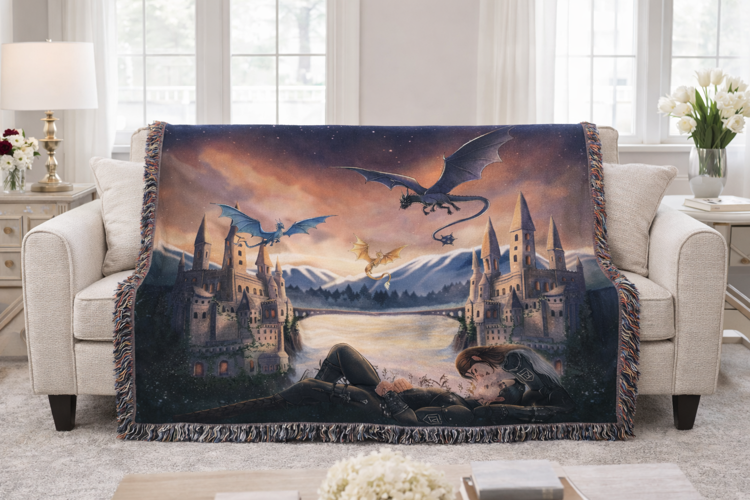 Fourth Wing Inspired Woven Blanket, Dragon Riders Fantasy Throw, Bookish Castle Home Decor, Gift for Romantasy Readers BKVLR20