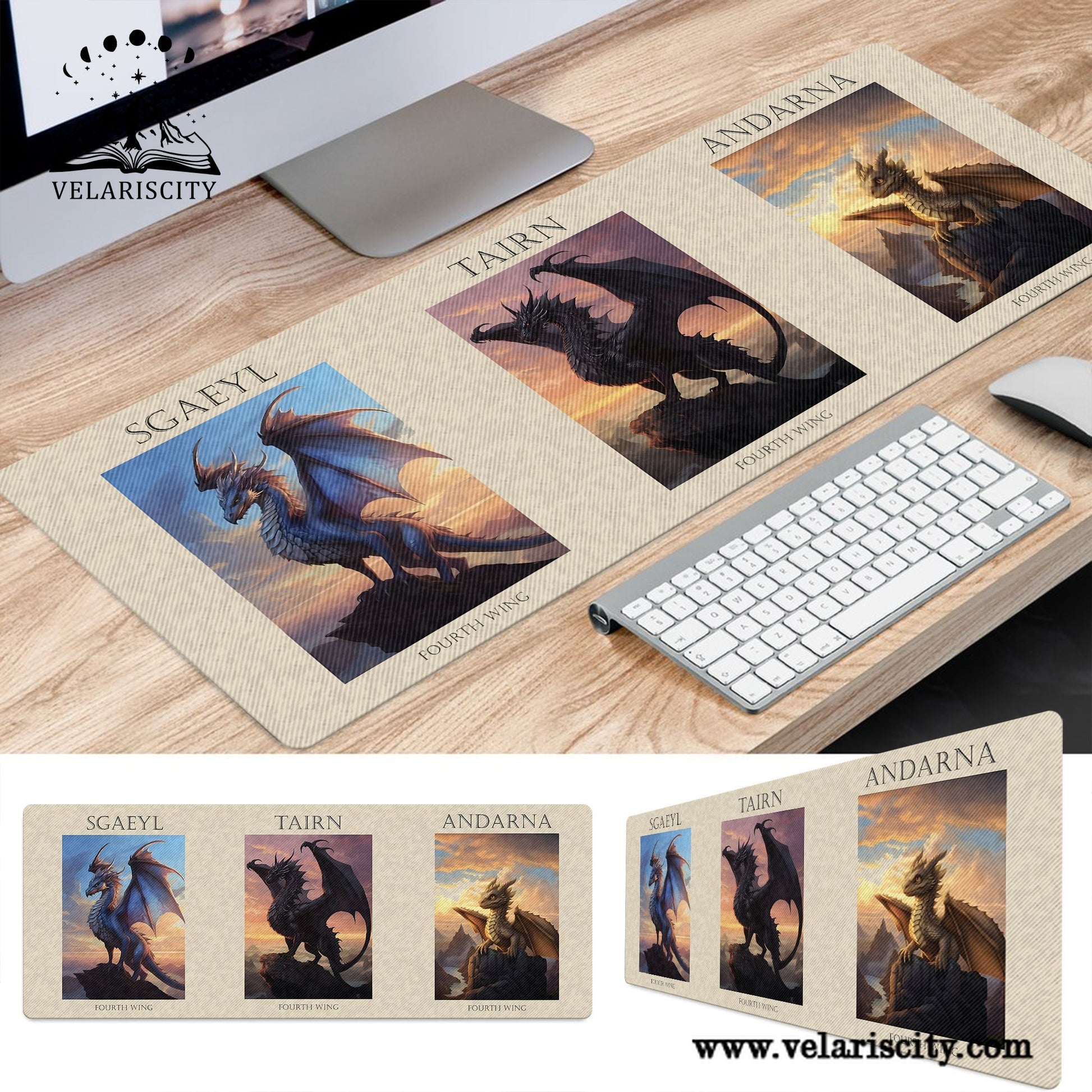 Fourth Wing Desk Mat, Tairn, Andarna & Sgaeyl Dragon Art, Rebecca Yarros Empyrean Desk Pad DMVLR21