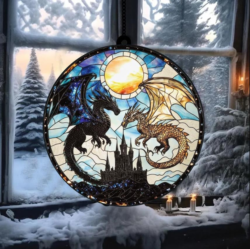 Fourth Wing Dragon Suncatcher Ornament, Book Lover Gift, Holiday Suncatcher, Tairn And Andarna Ornament for Readers,Onyx Storm Stained Glass SGVLR12