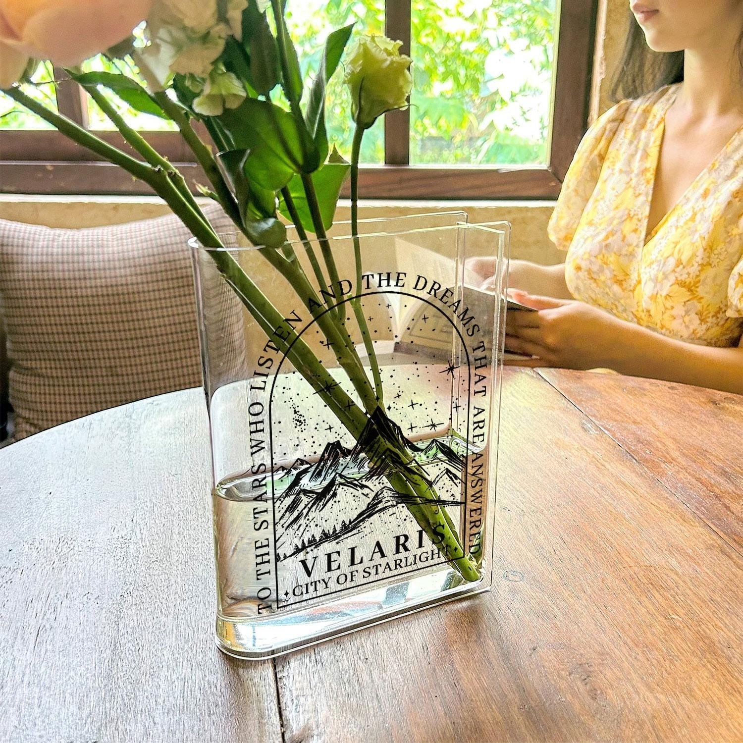 Velaris Book Vase, To The Stars Who Listen Book Shaped Vase, ACOTAR Inspired Acrylic Vase, Night Court Shelf Decor, Fantasy Bookish Vase VLRBV18