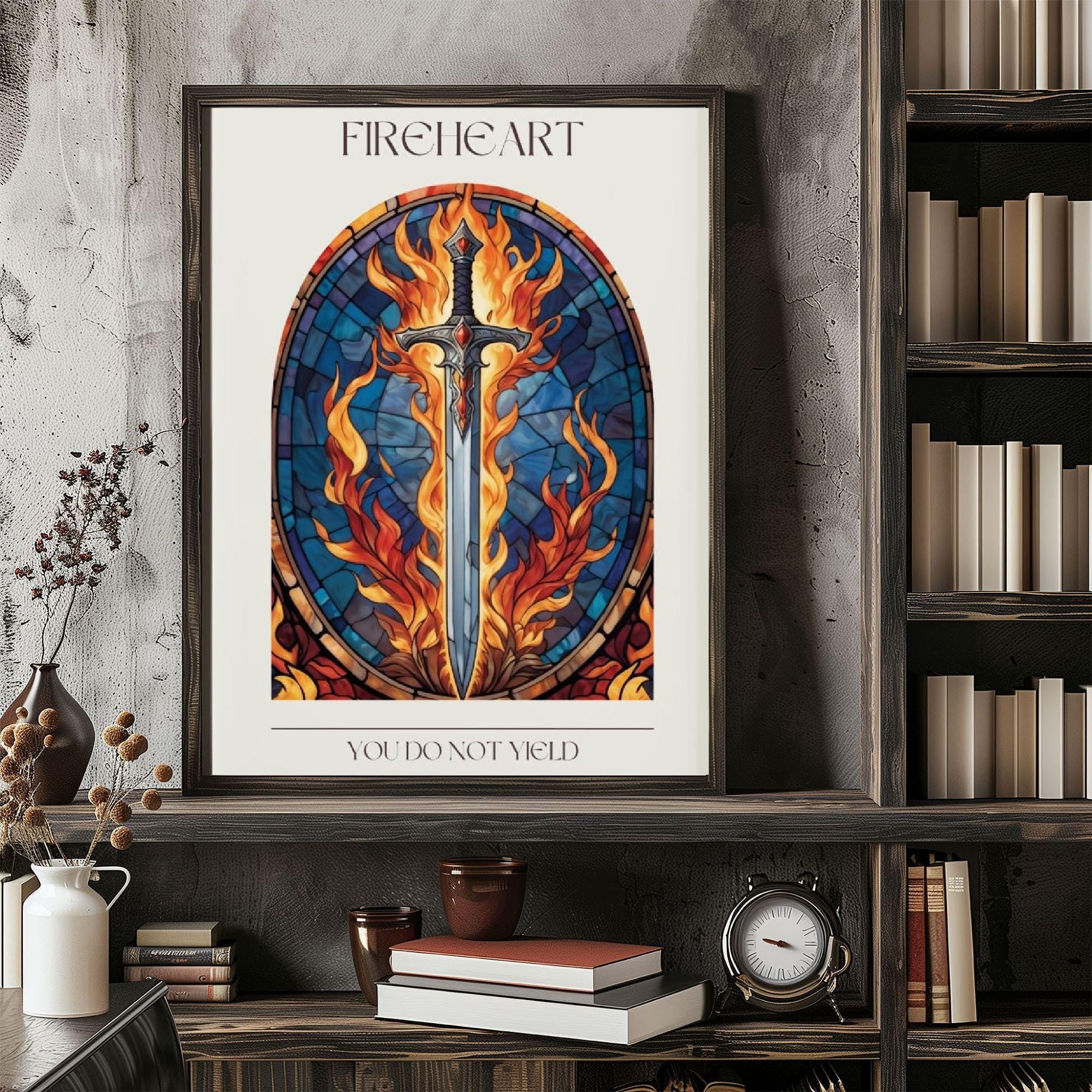Fireheart Poster, You Do Not Yield Poster, Throne of Glass Wall Art, Terrasen Sword Art Print, Sarah J Maas Poster, Fantasy Book Decor, Stained Glass Bookish Art VLRP33