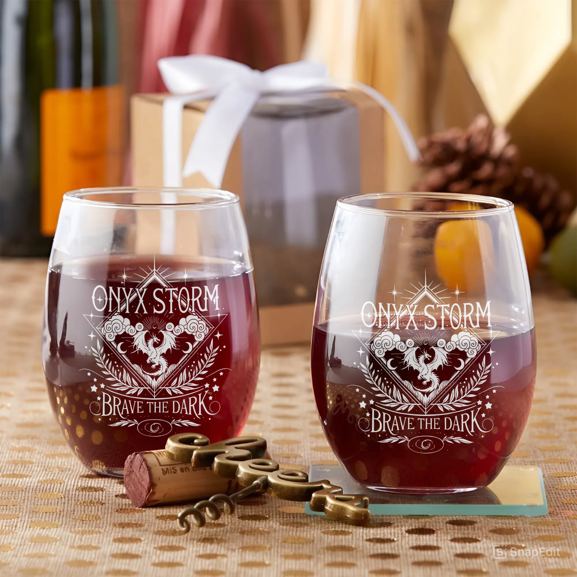 Onyx Storm Stemless Wine Glass, Dragon Storm Wine Cup, Brave The Dark Fantasy Barware, Bookish Reader Gift, BGVLR11
