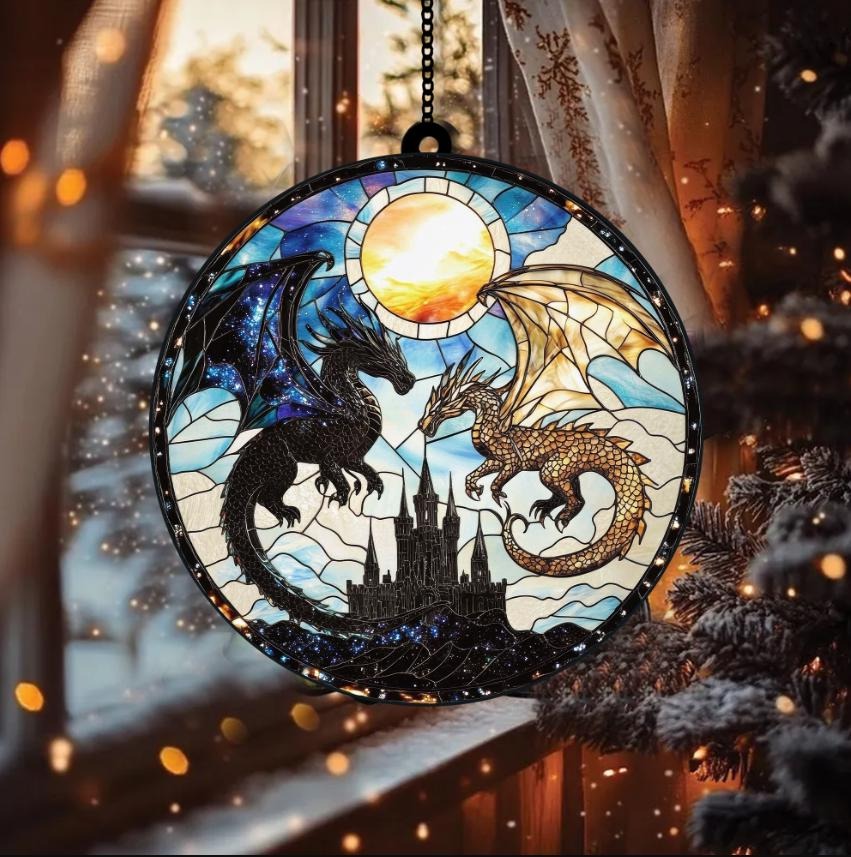Fourth Wing Dragon Suncatcher Ornament, Book Lover Gift, Holiday Suncatcher, Tairn And Andarna Ornament for Readers,Onyx Storm Stained Glass SGVLR12