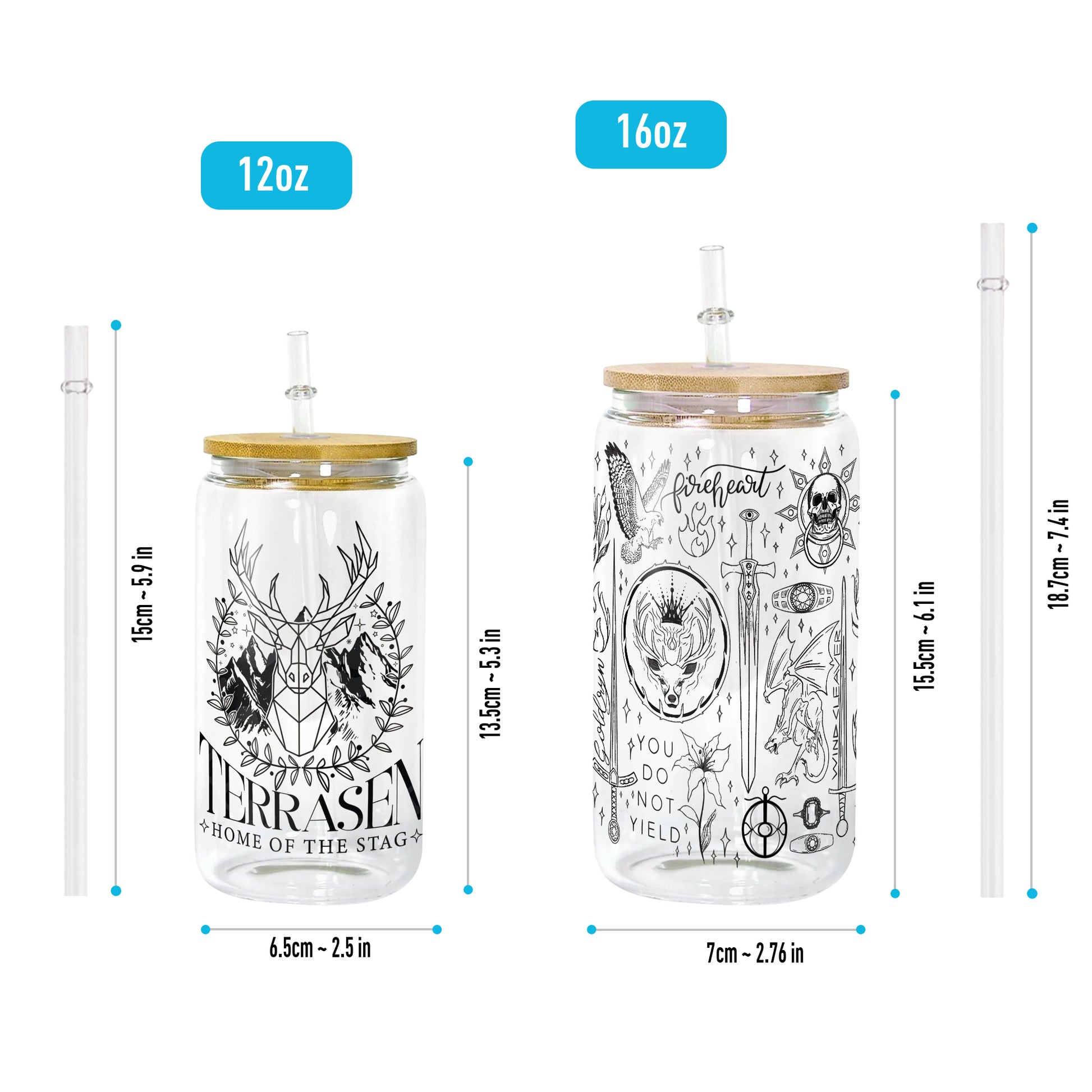 Terrasen Glass Can Cup with Straw, Throne of Glass Fireheart You Do Not Yield Tumbler, Aelin Galathynius Bookish Gift GLVLR48
