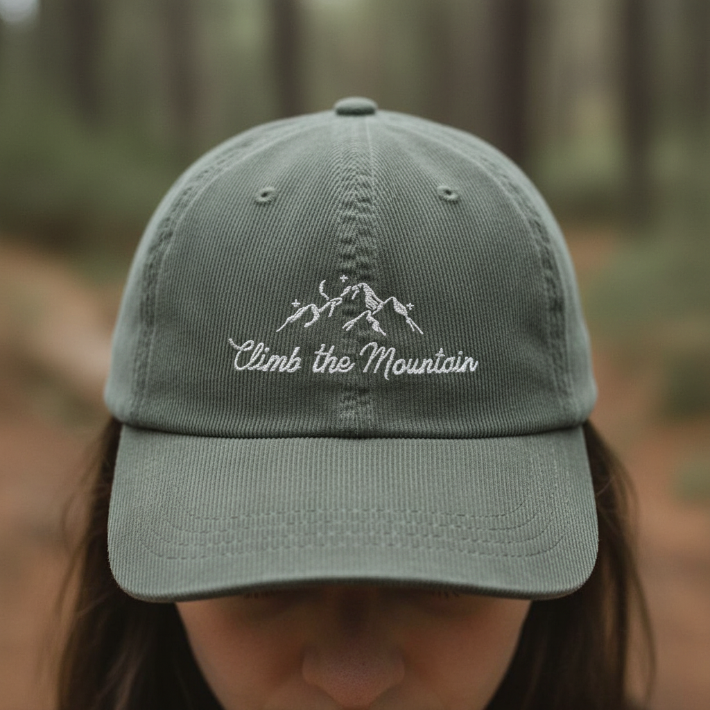 Climb the Mountain Corduroy Dad Hat, Embroidered Hiking Cap, Outdoor Adventure Gift for Nature Lovers VLRH26
