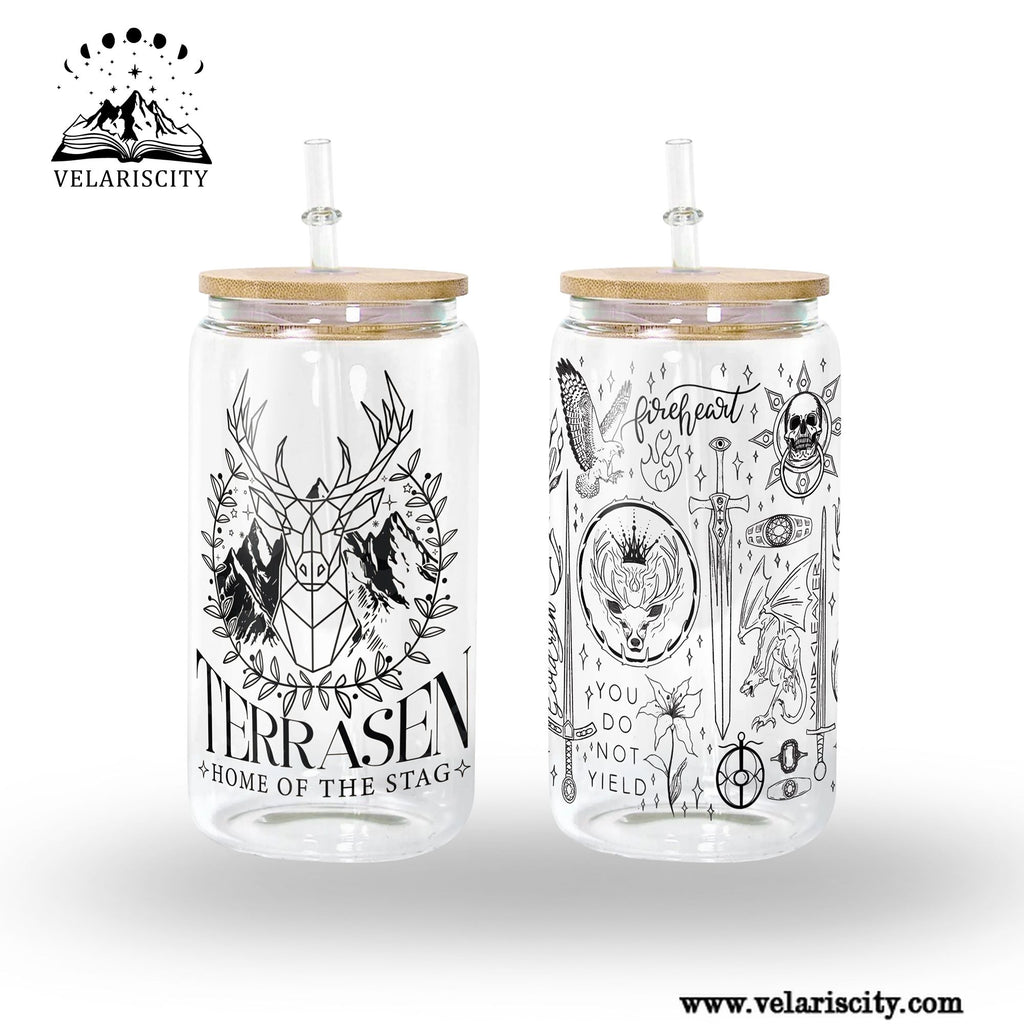 Terrasen Glass Can Cup with Straw, Throne of Glass Fireheart You Do Not Yield Tumbler, Aelin Galathynius Bookish Gift GLVLR48