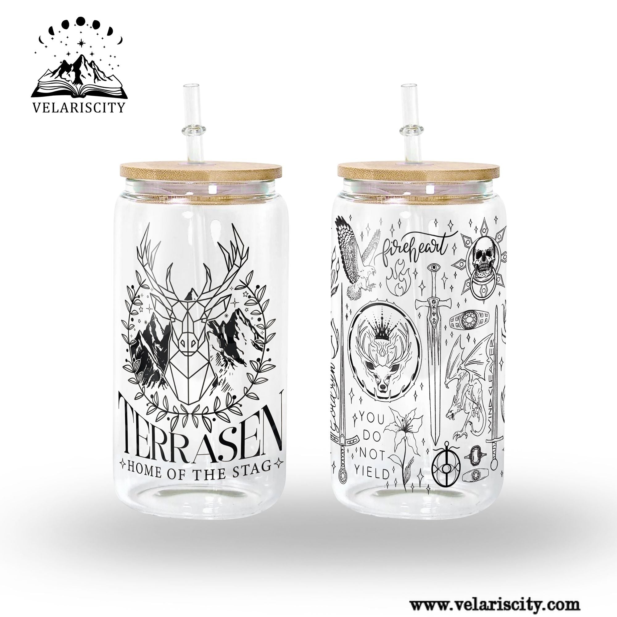 Terrasen Glass Can Cup with Straw, Throne of Glass Fireheart You Do Not Yield Tumbler, Aelin Galathynius Bookish Gift GLVLR48